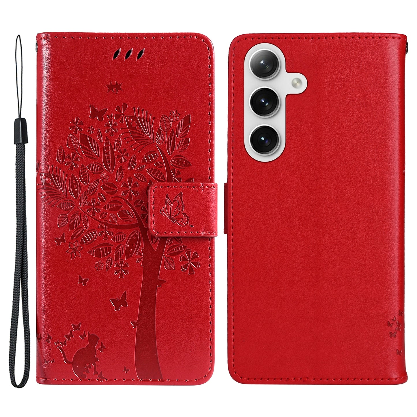 KT Imprinting Flower Series-3 for Samsung Galaxy S24 Case Leather Cat Tree Phone Cover - Red