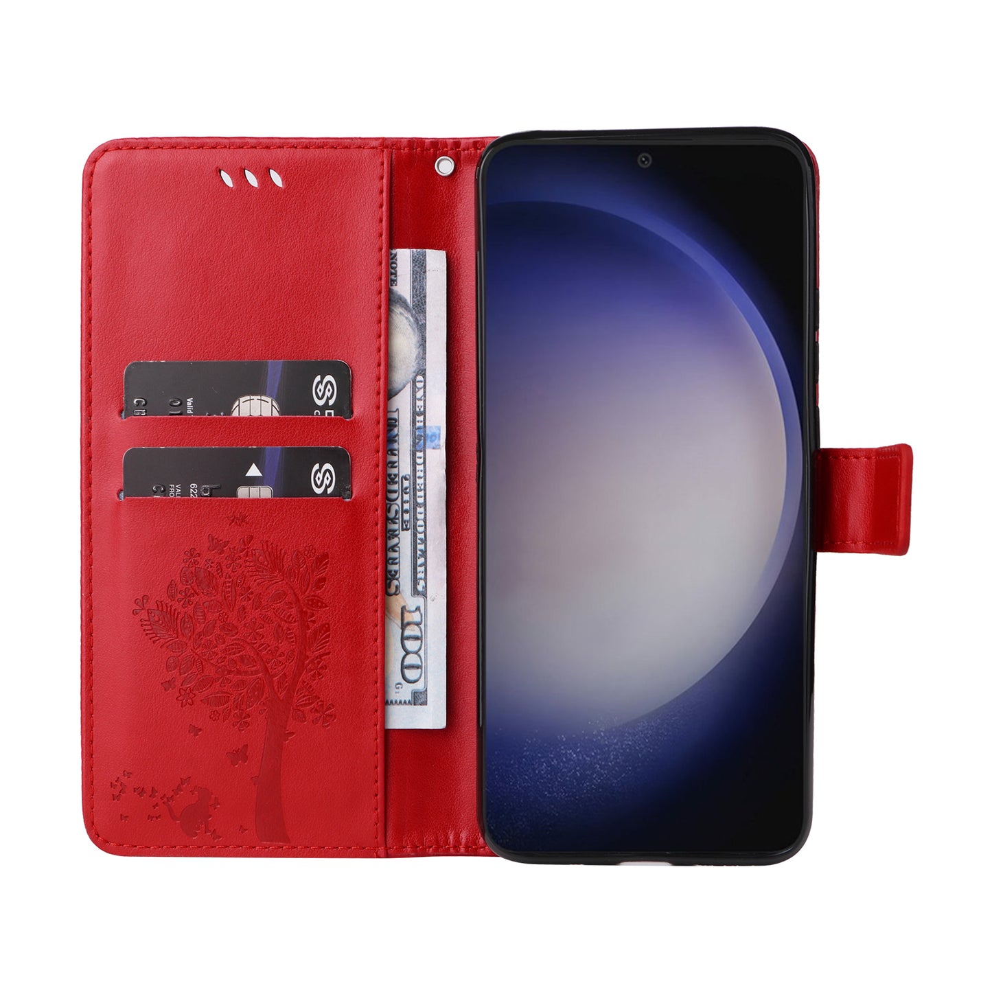 KT Imprinting Flower Series-3 for Samsung Galaxy S24 Case Leather Cat Tree Phone Cover - Red