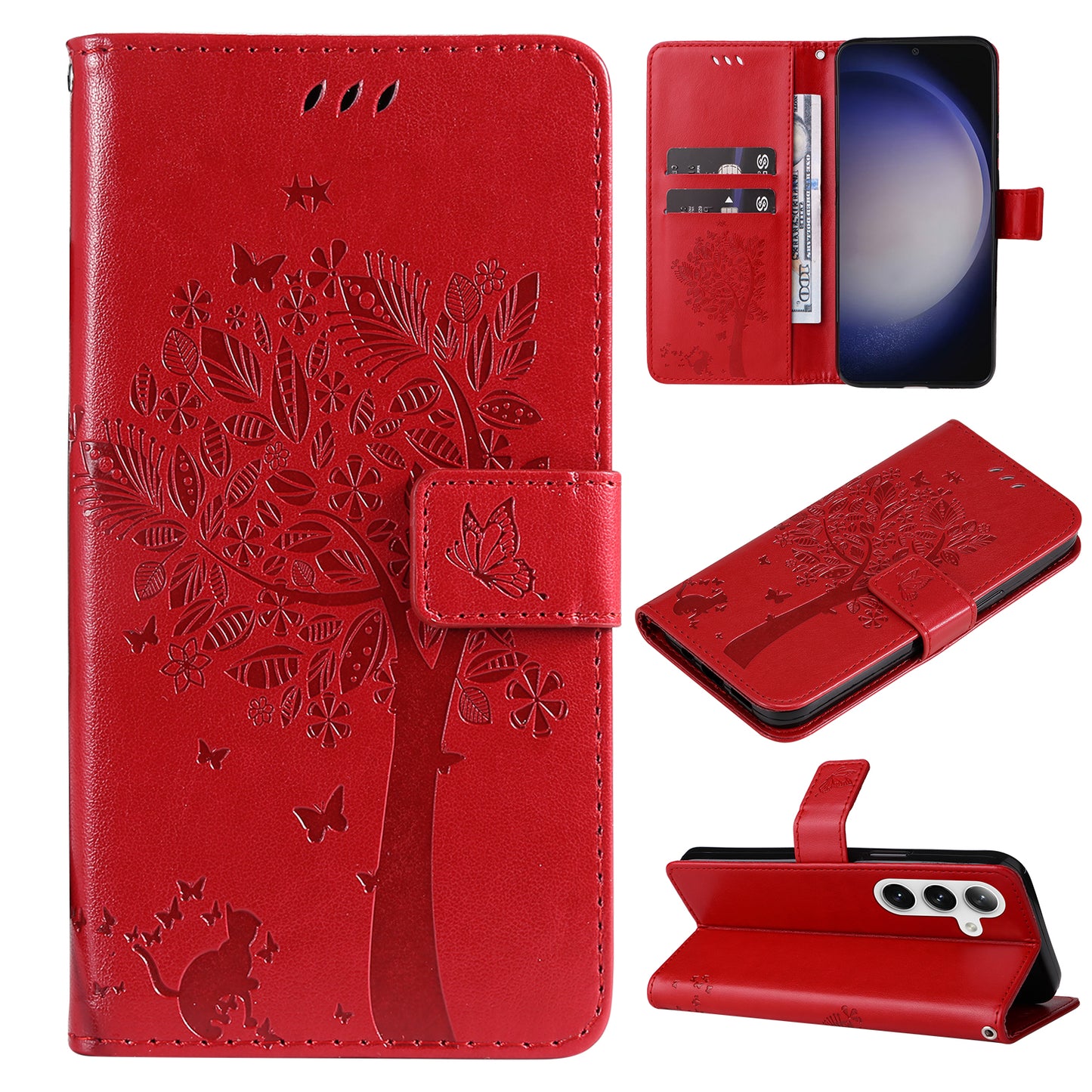 KT Imprinting Flower Series-3 for Samsung Galaxy S24 Case Leather Cat Tree Phone Cover - Red
