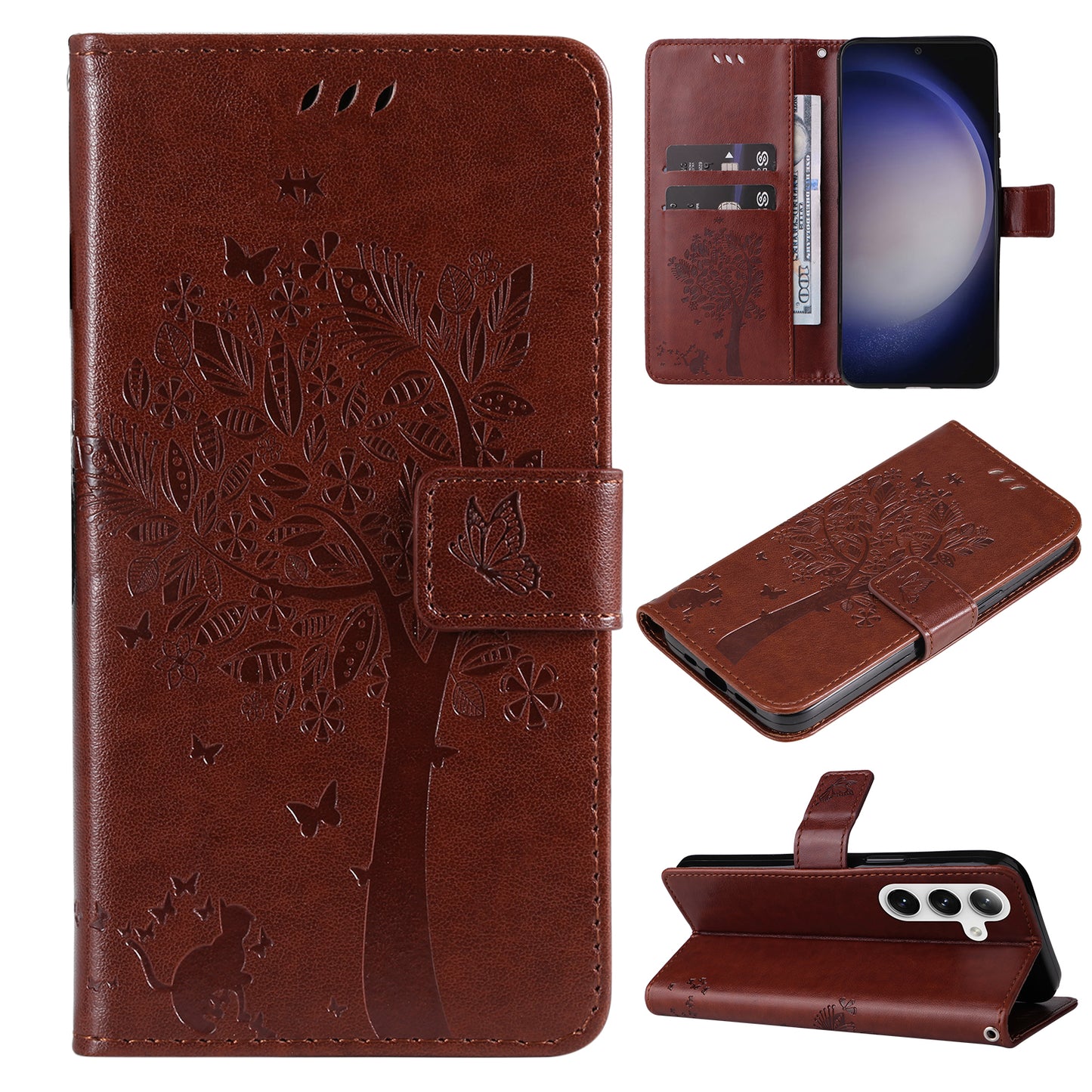KT Imprinting Flower Series-3 for Samsung Galaxy S24 Case Leather Cat Tree Phone Cover - Coffee