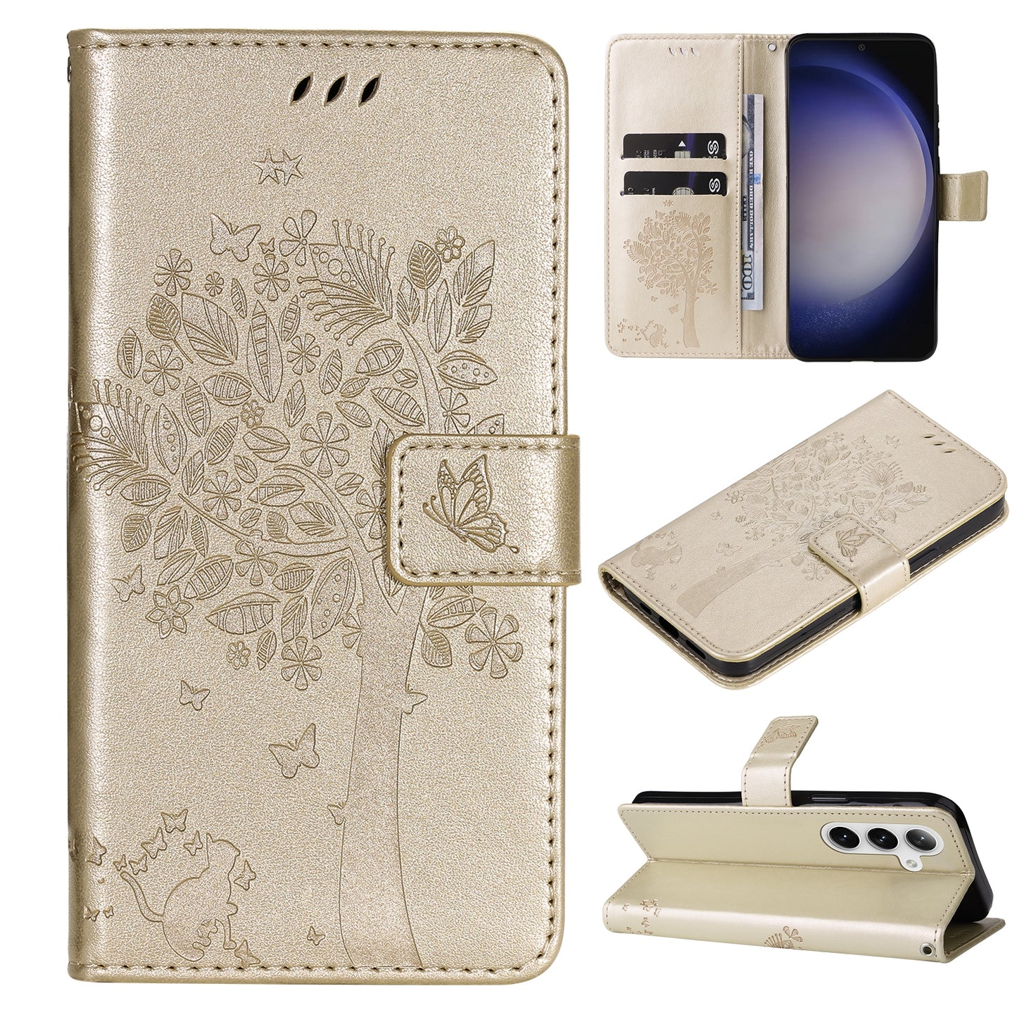 KT Imprinting Flower Series-3 for Samsung Galaxy S24 Case Leather Cat Tree Phone Cover - Gold