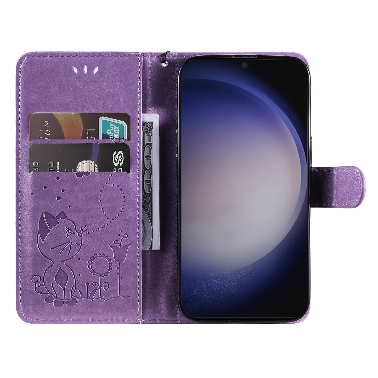 KT Imprinting Flower Series-4 For Samsung Galaxy S24 Case Cat Imprinted Leather Cover - Purple