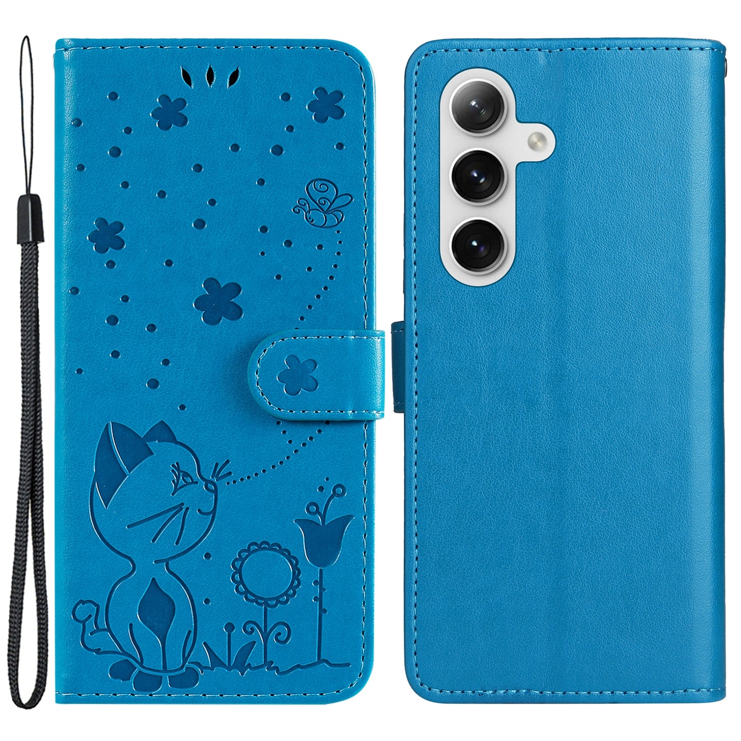 KT Imprinting Flower Series-4 For Samsung Galaxy S24 Case Cat Imprinted Leather Cover - Blue