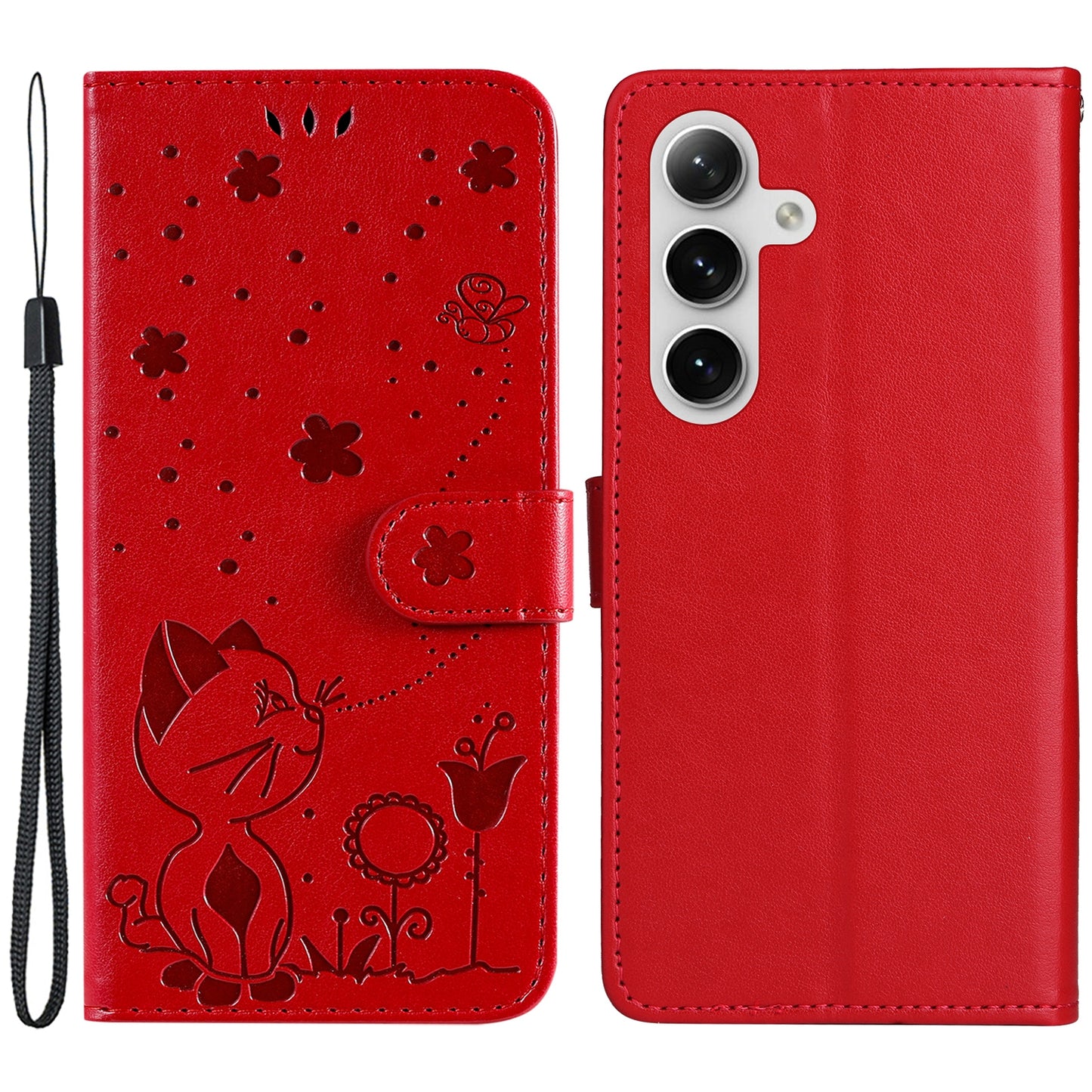 KT Imprinting Flower Series-4 For Samsung Galaxy S24 Case Cat Imprinted Leather Cover - Red