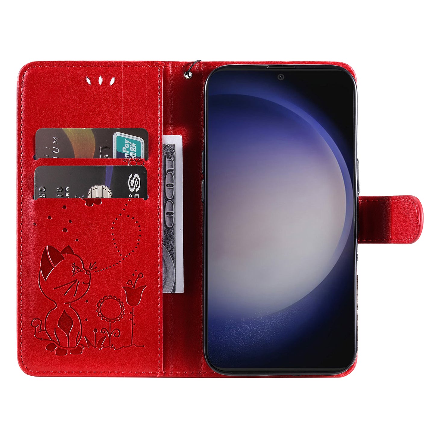 KT Imprinting Flower Series-4 For Samsung Galaxy S24 Case Cat Imprinted Leather Cover - Red