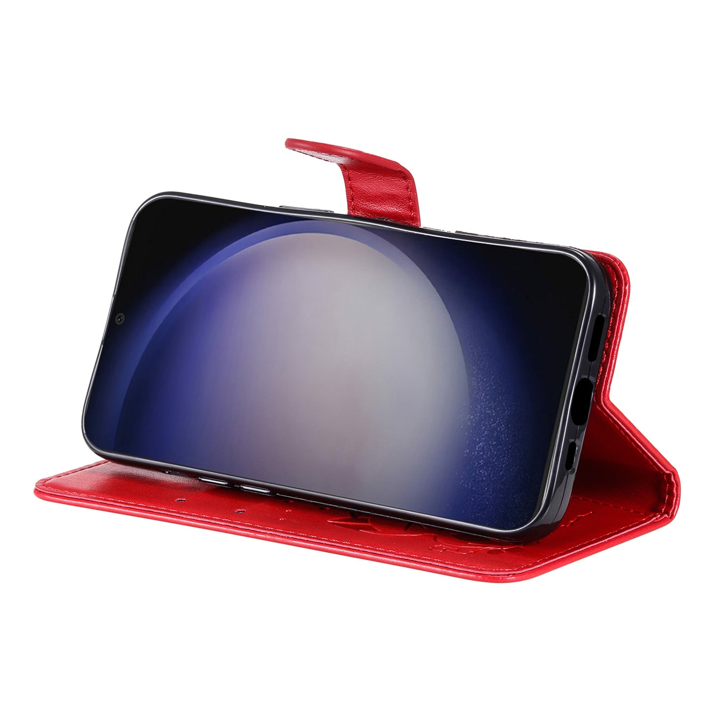 KT Imprinting Flower Series-4 For Samsung Galaxy S24 Case Cat Imprinted Leather Cover - Red