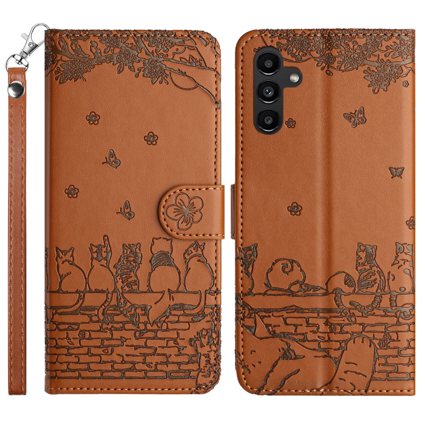 For Samsung Galaxy S24 Phone Cover Wall Cats Imprinted PU Leather Phone Case Wallet with Strap - Brown