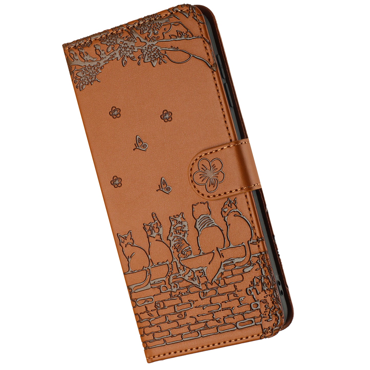 For Samsung Galaxy S24 Phone Cover Wall Cats Imprinted PU Leather Phone Case Wallet with Strap - Brown
