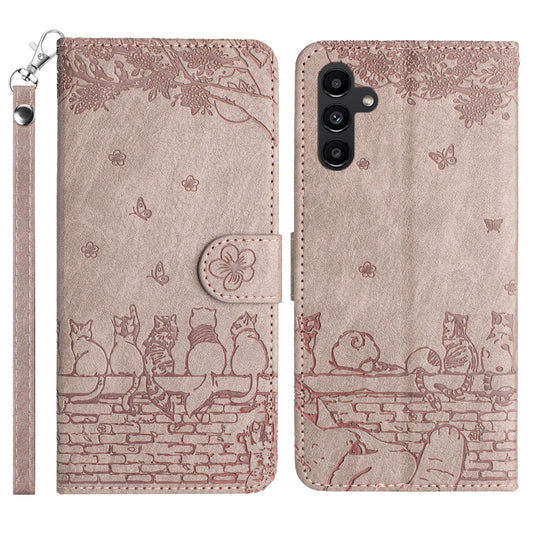 For Samsung Galaxy S24 Phone Cover Wall Cats Imprinted PU Leather Phone Case Wallet with Strap - Smoky Purple