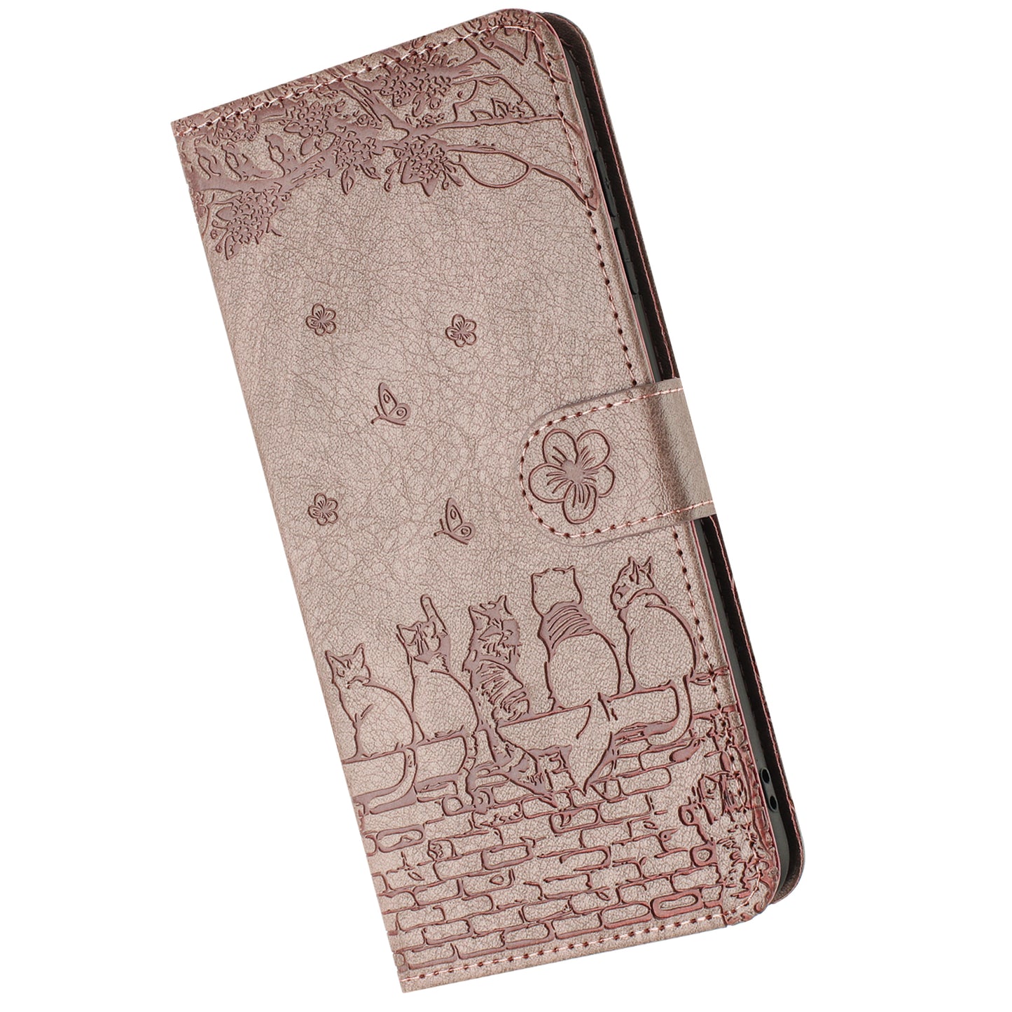 For Samsung Galaxy S24 Phone Cover Wall Cats Imprinted PU Leather Phone Case Wallet with Strap - Smoky Purple