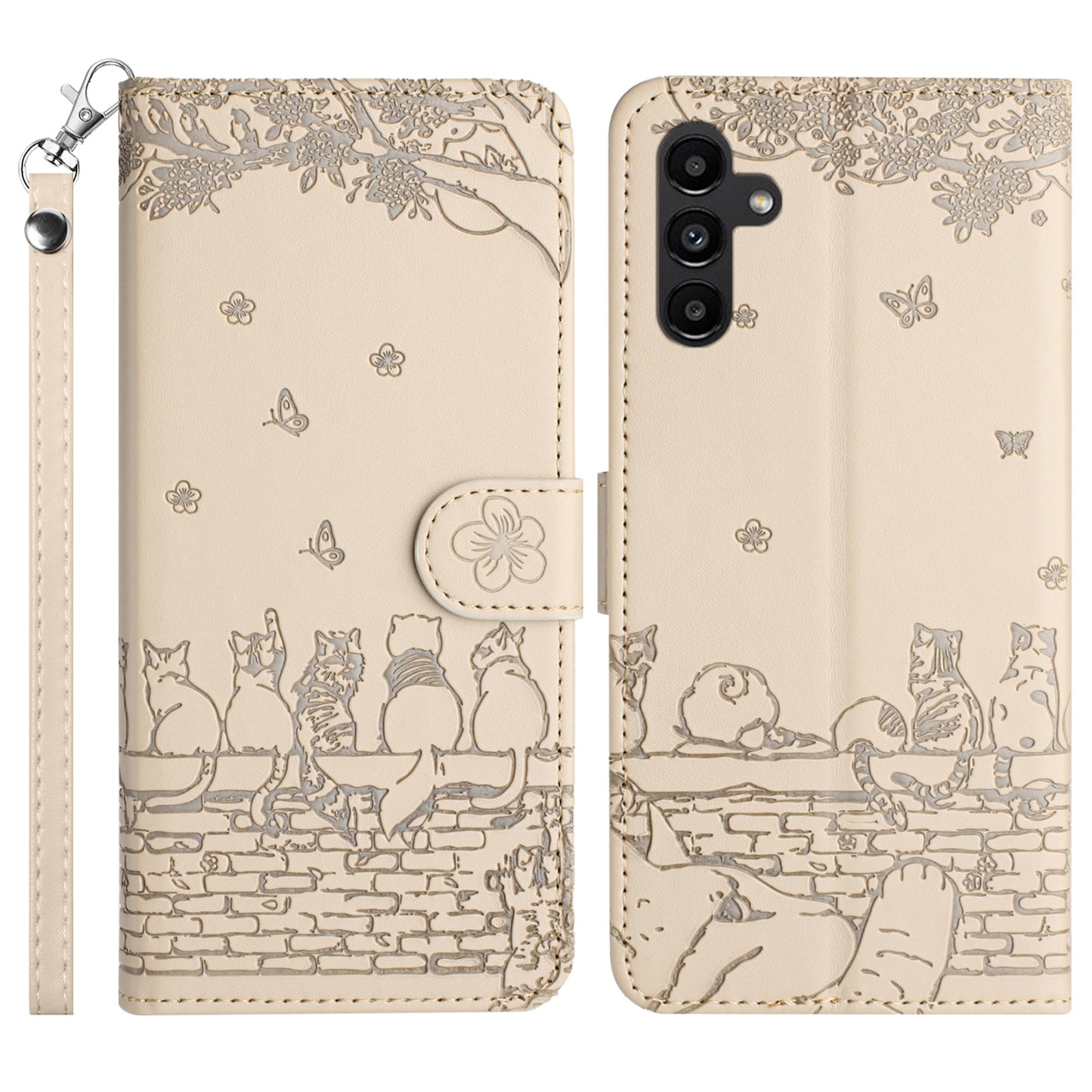 For Samsung Galaxy S24 Phone Cover Wall Cats Imprinted PU Leather Phone Case Wallet with Strap - Apricot