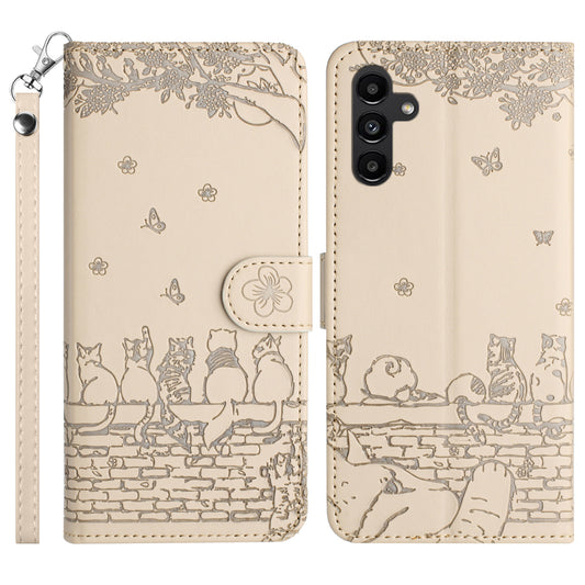 For Samsung Galaxy S24 Phone Cover Wall Cats Imprinted PU Leather Phone Case Wallet with Strap - Apricot