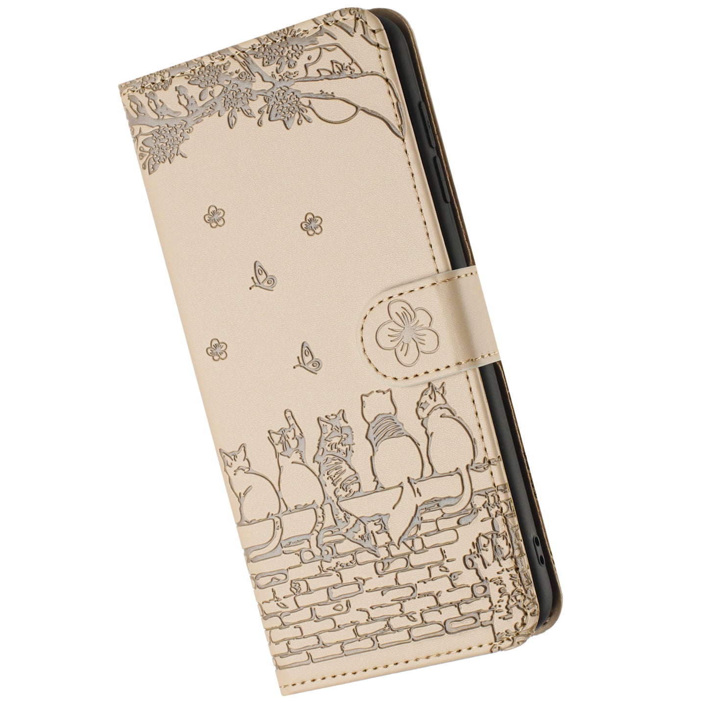 For Samsung Galaxy S24 Phone Cover Wall Cats Imprinted PU Leather Phone Case Wallet with Strap - Apricot