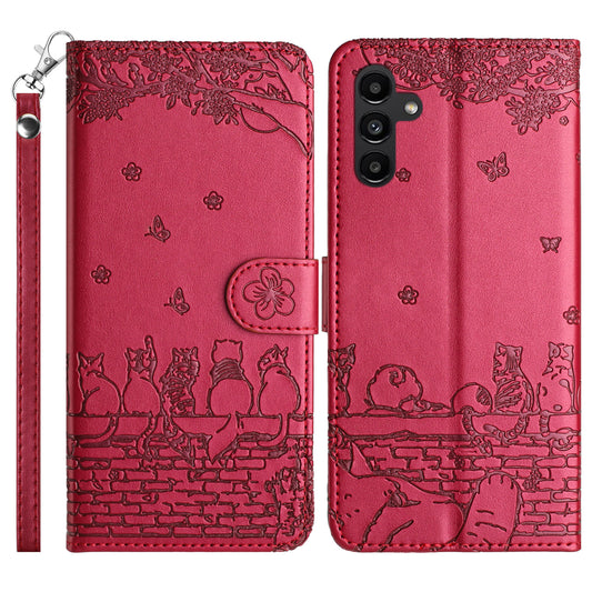 For Samsung Galaxy S24 Phone Cover Wall Cats Imprinted PU Leather Phone Case Wallet with Strap - Red