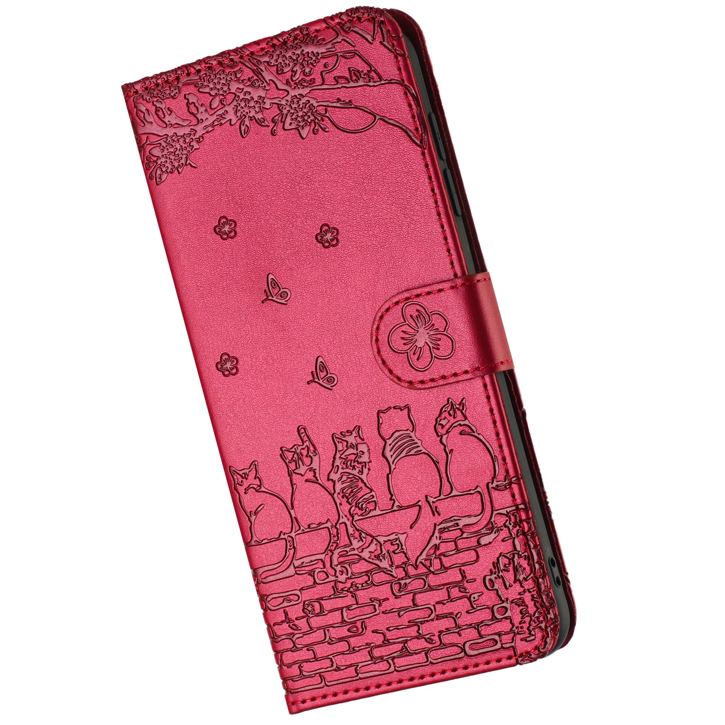 For Samsung Galaxy S24 Phone Cover Wall Cats Imprinted PU Leather Phone Case Wallet with Strap - Red