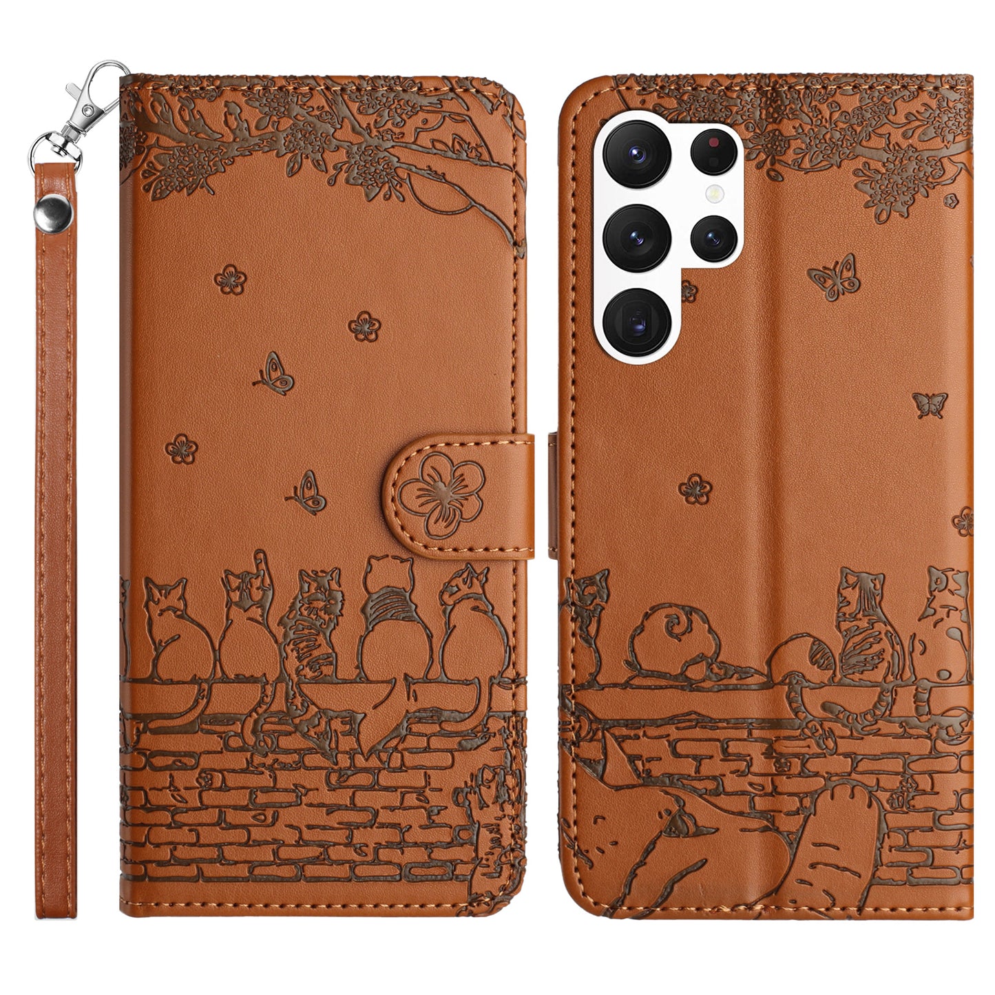 For Samsung Galaxy S24 Ultra Case Imprinted PU Leather Wallet Magnetic Phone Cover with Strap - Brown