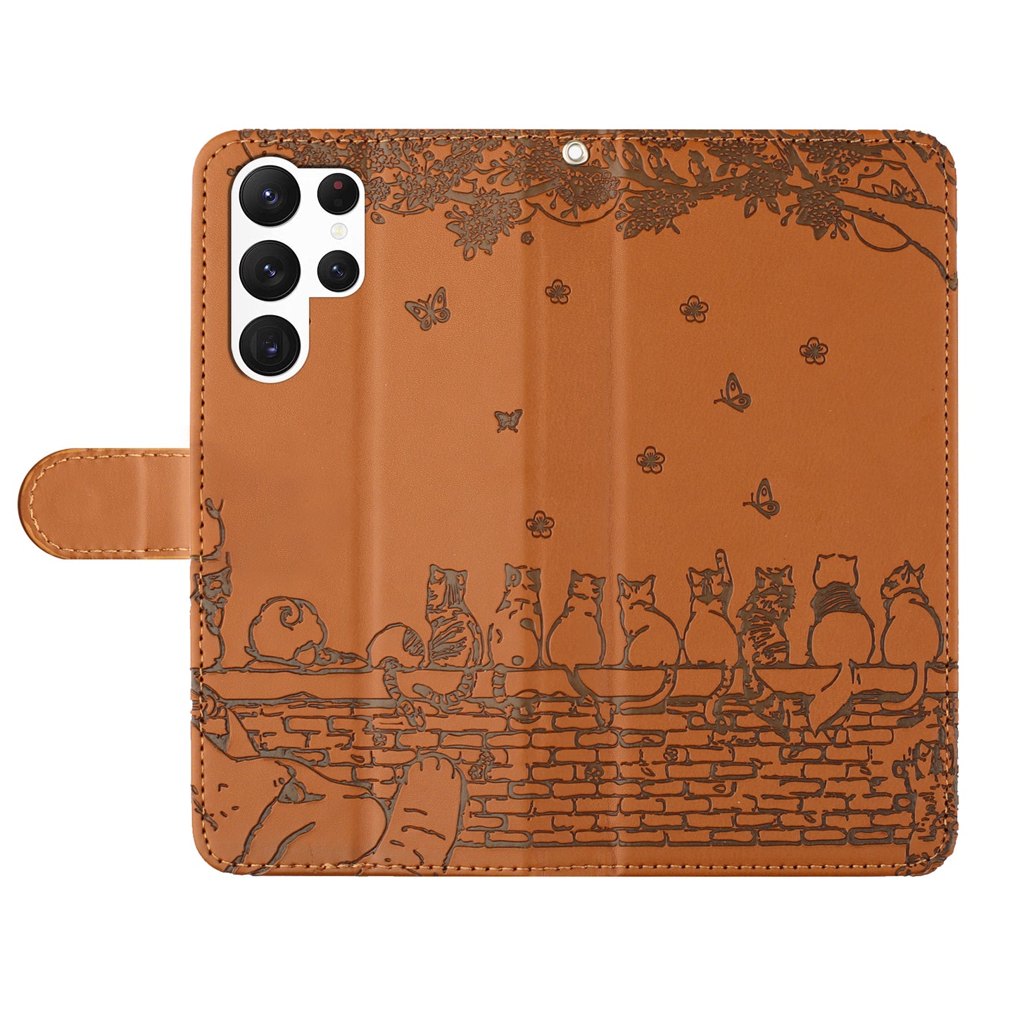 For Samsung Galaxy S24 Ultra Case Imprinted PU Leather Wallet Magnetic Phone Cover with Strap - Brown