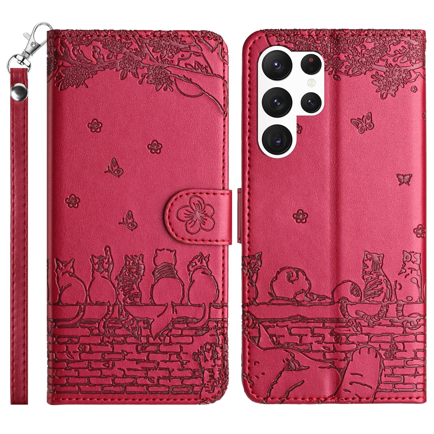 For Samsung Galaxy S24 Ultra Case Imprinted PU Leather Wallet Magnetic Phone Cover with Strap - Red