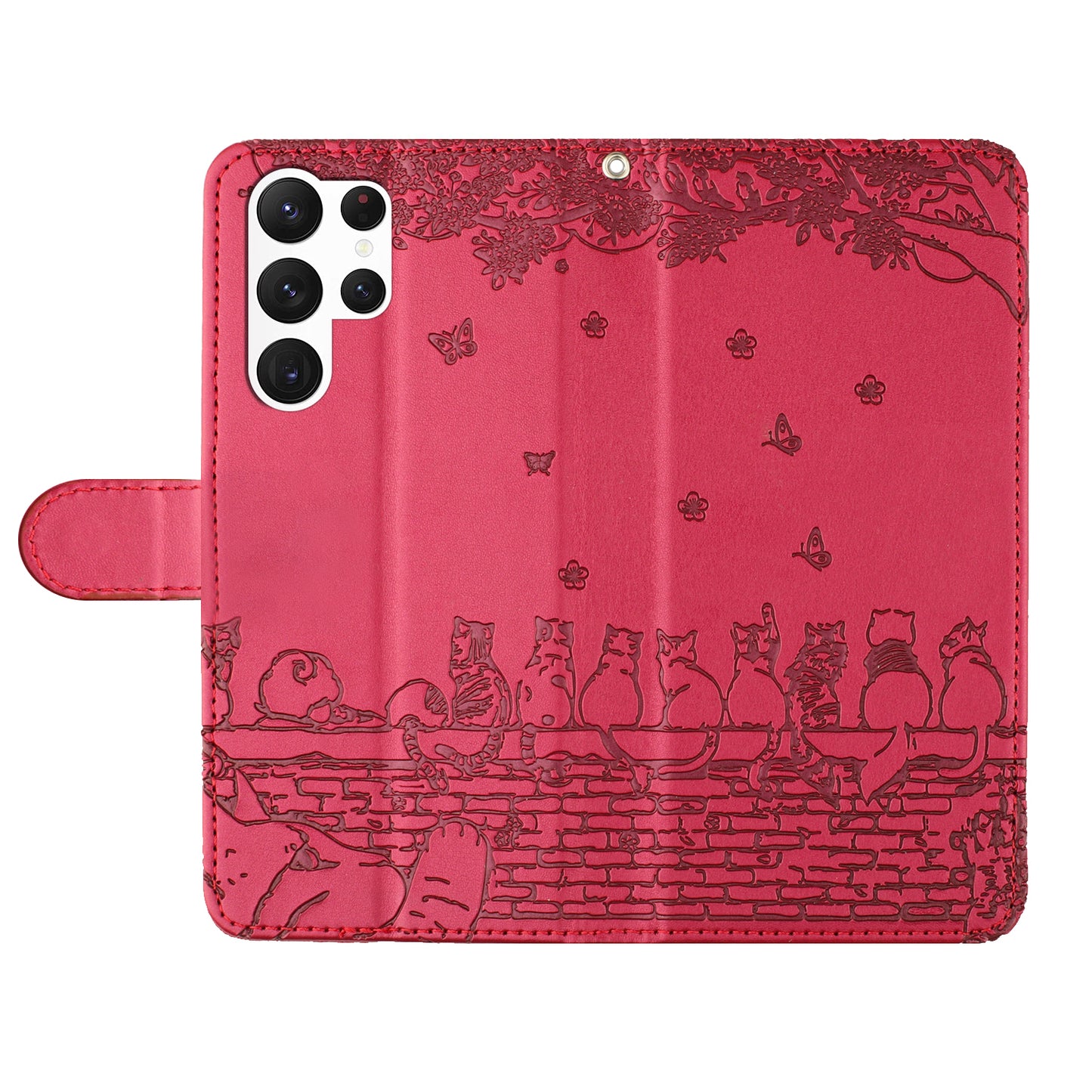 For Samsung Galaxy S24 Ultra Case Imprinted PU Leather Wallet Magnetic Phone Cover with Strap - Red