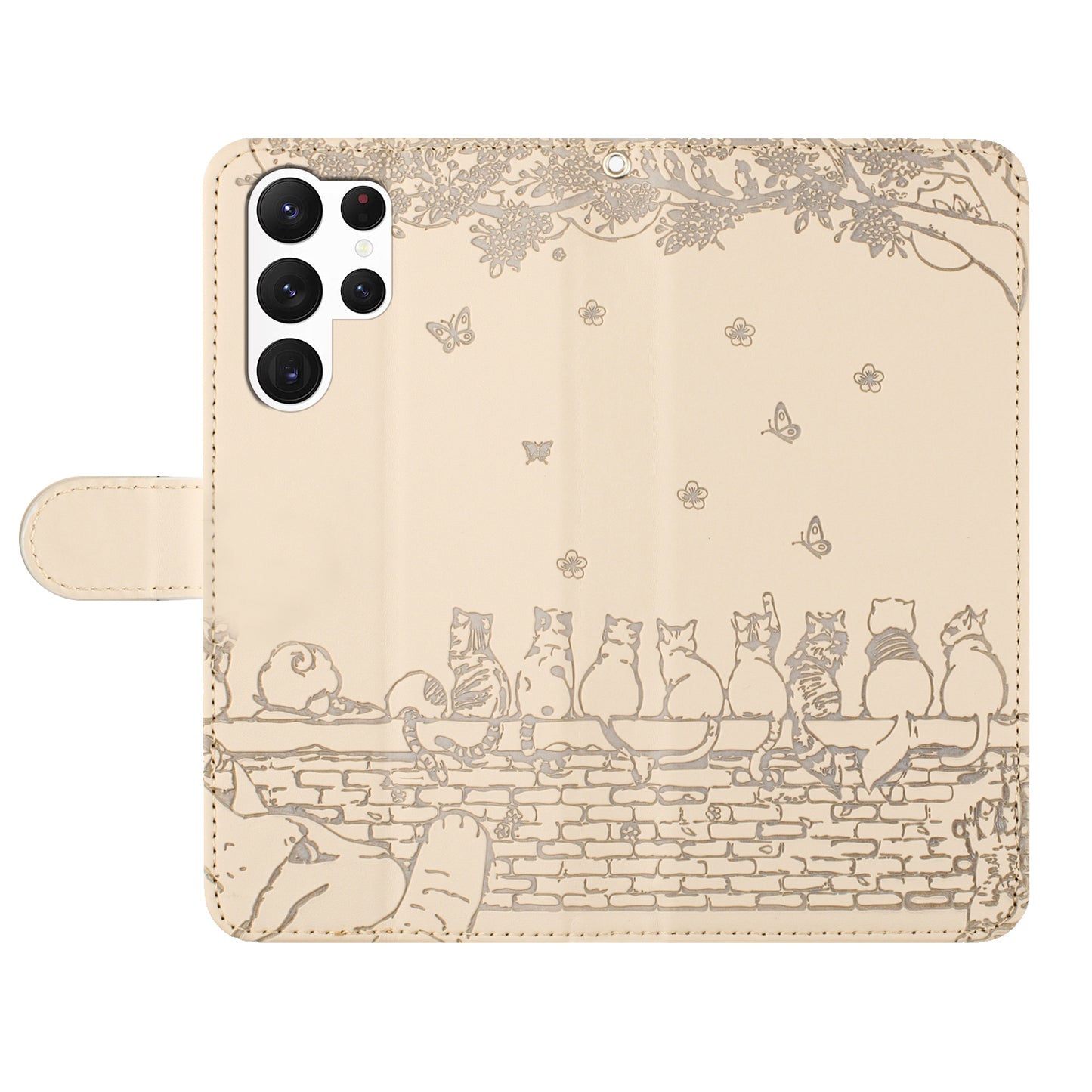 For Samsung Galaxy S24 Ultra Case Imprinted PU Leather Wallet Magnetic Phone Cover with Strap - Apricot