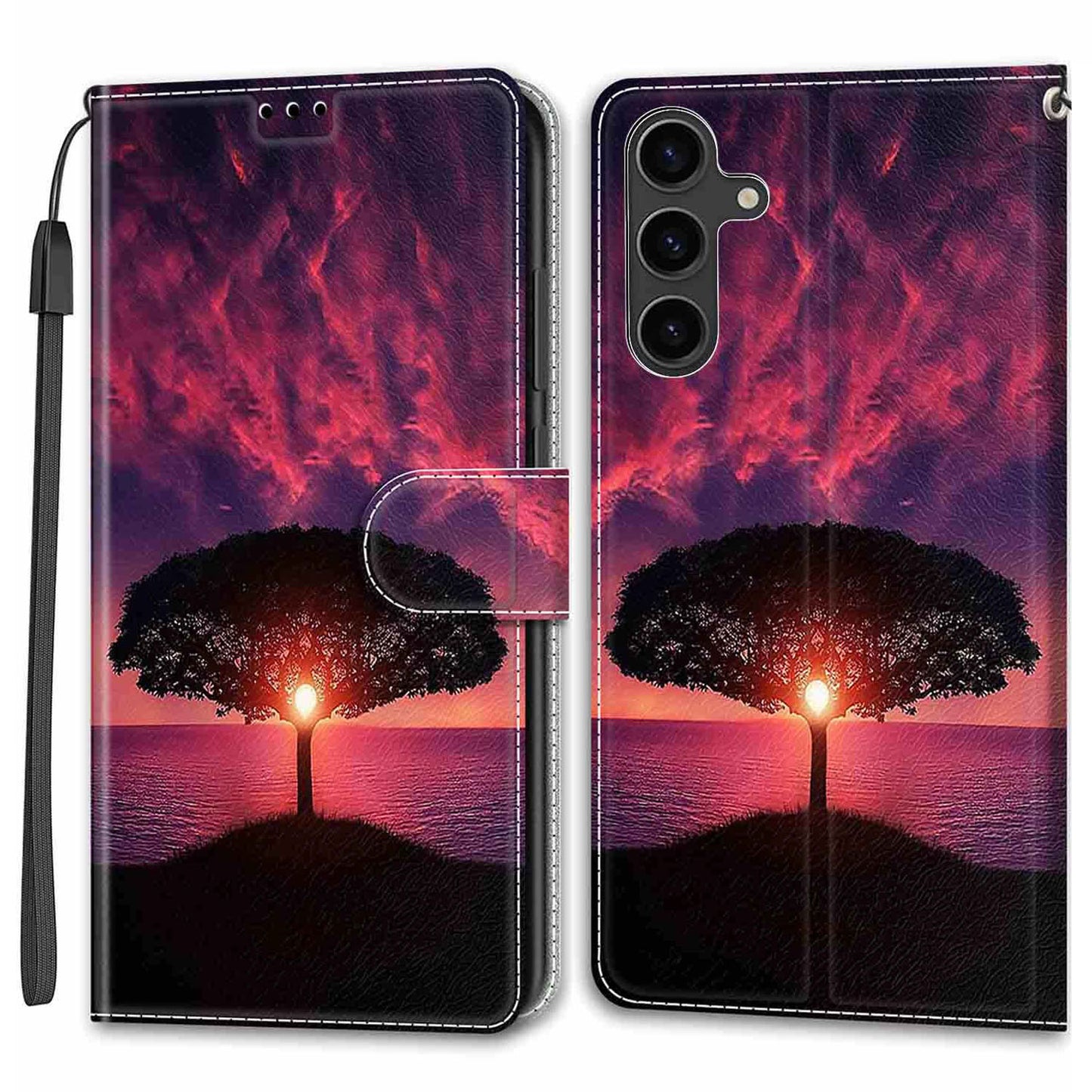 For Samsung Galaxy S24+ Case Pattern Printing Card Holder Phone Cover - Black Tree / Sunset