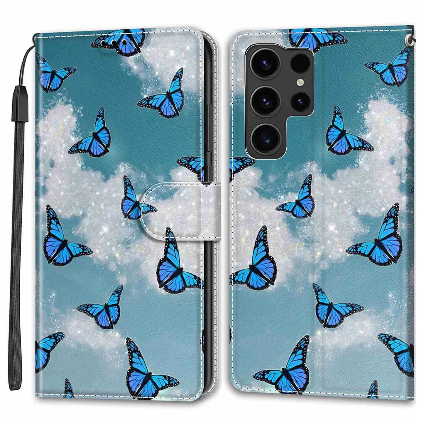 For Samsung Galaxy S24 Ultra Case Card Holder Leather Stand Phone Cover - White Cloud / Blue Butterflies
