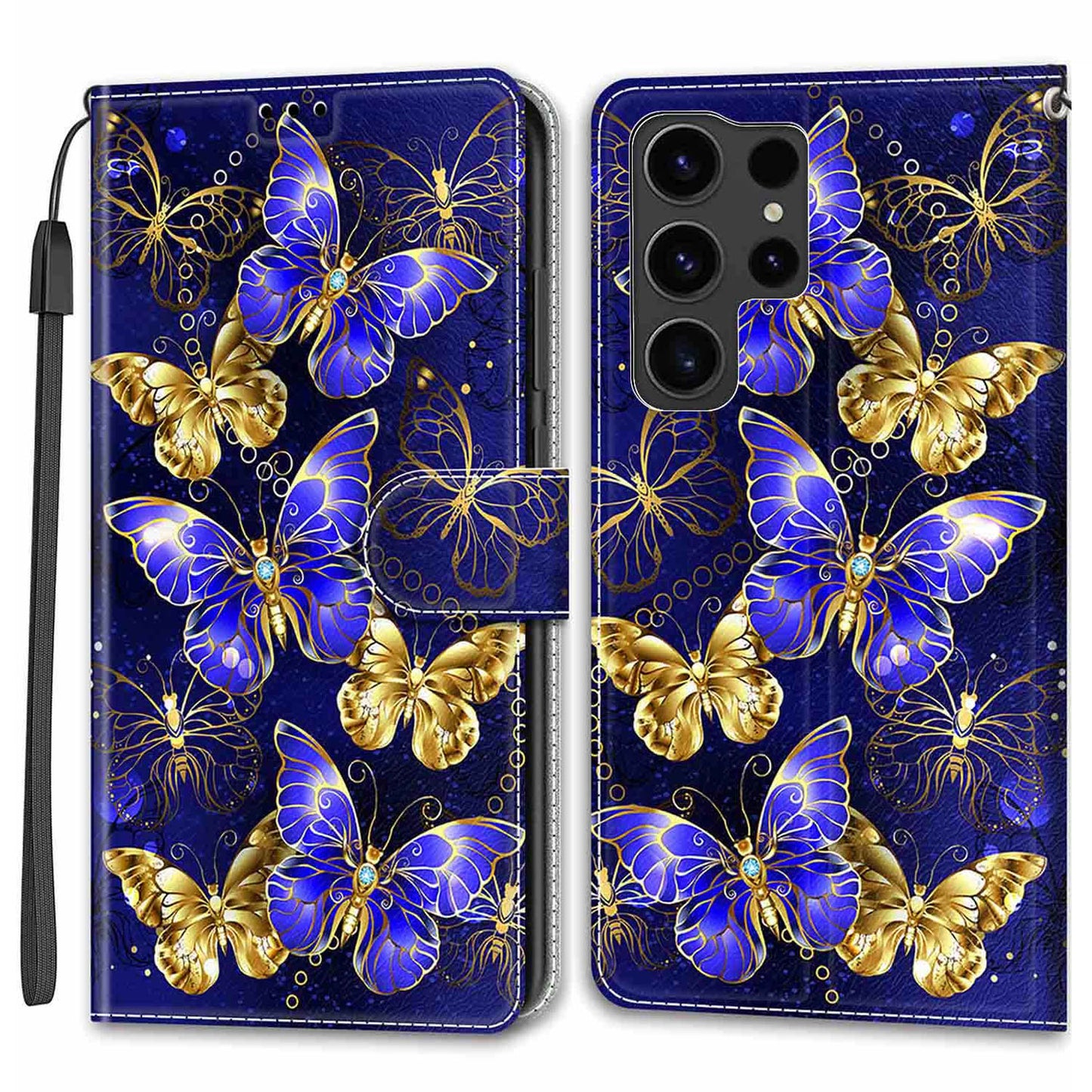 For Samsung Galaxy S24 Ultra Case Card Holder Leather Stand Phone Cover - Golden Butterflies