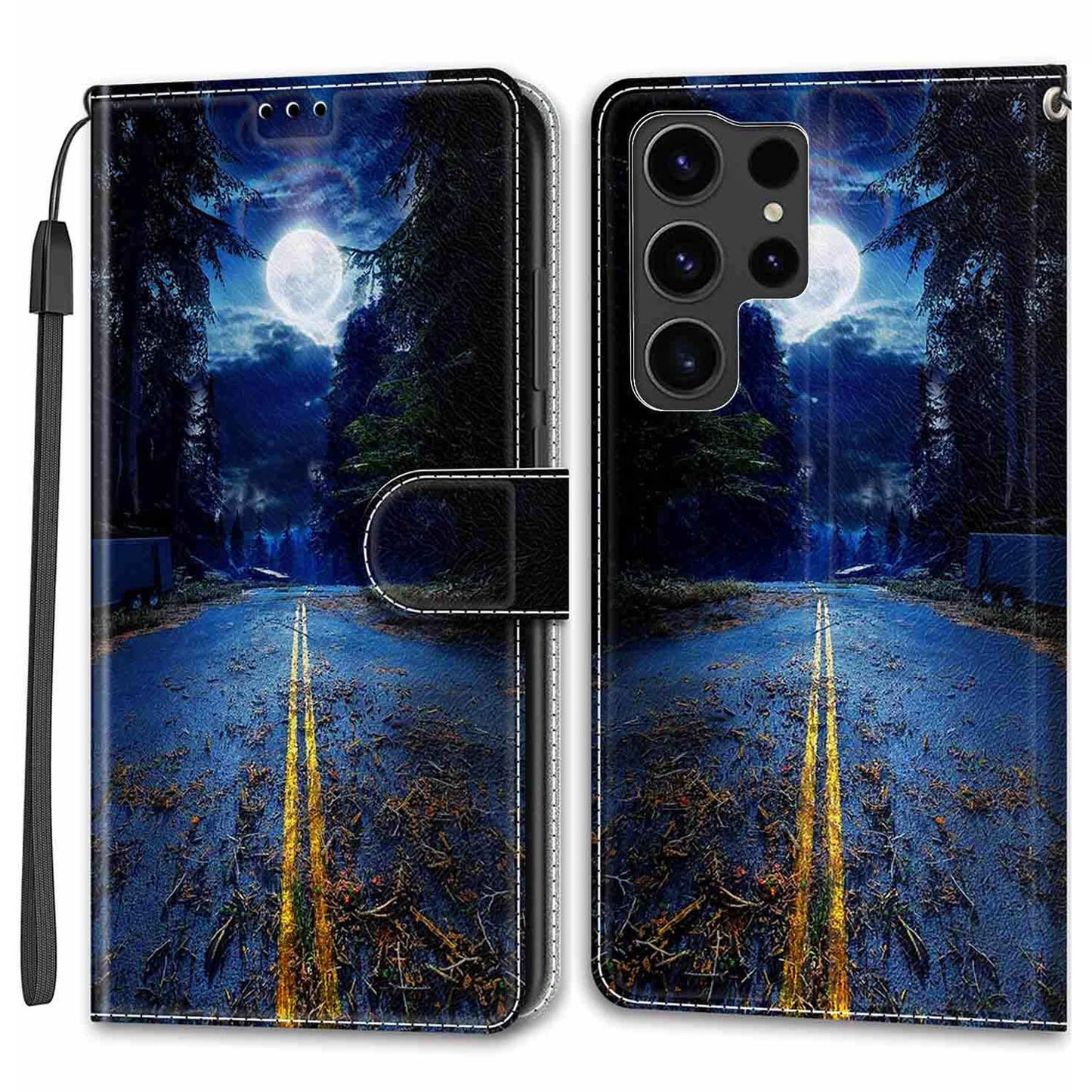 For Samsung Galaxy S24 Ultra Case Card Holder Leather Stand Phone Cover - Night Road / Moon