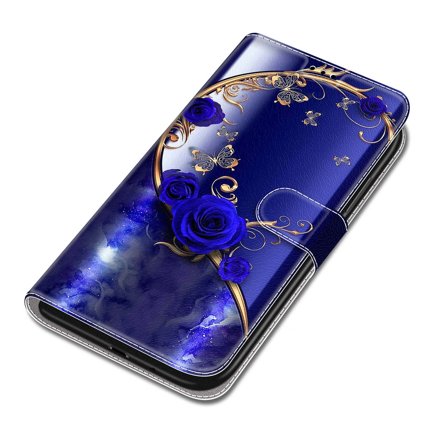 For Samsung Galaxy S24 Ultra Case Card Holder Leather Stand Phone Cover - Blue Rose / Golden Butterfly