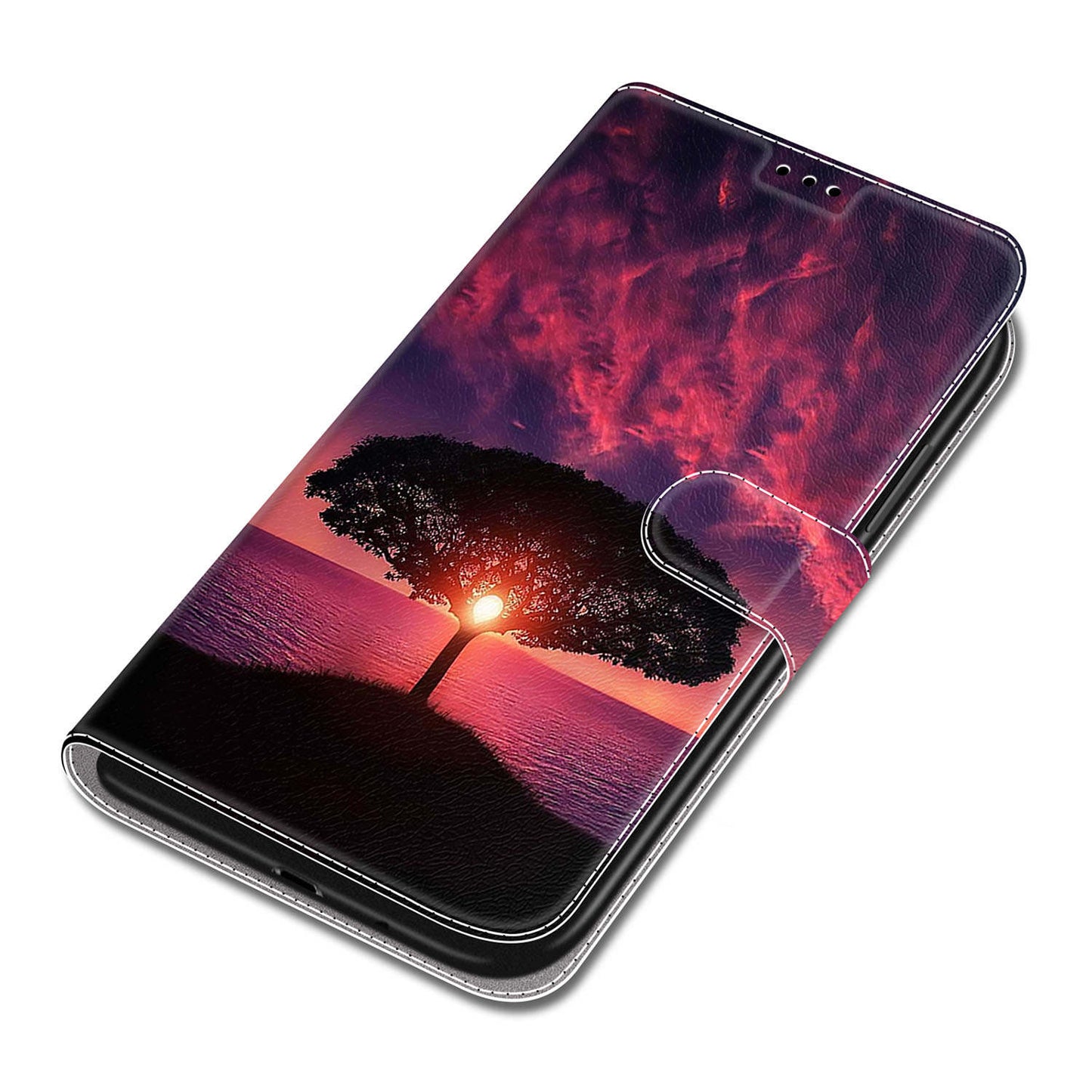For Samsung Galaxy S24 Leather Case Card Holder Stand Cover - Black Tree / Sunset