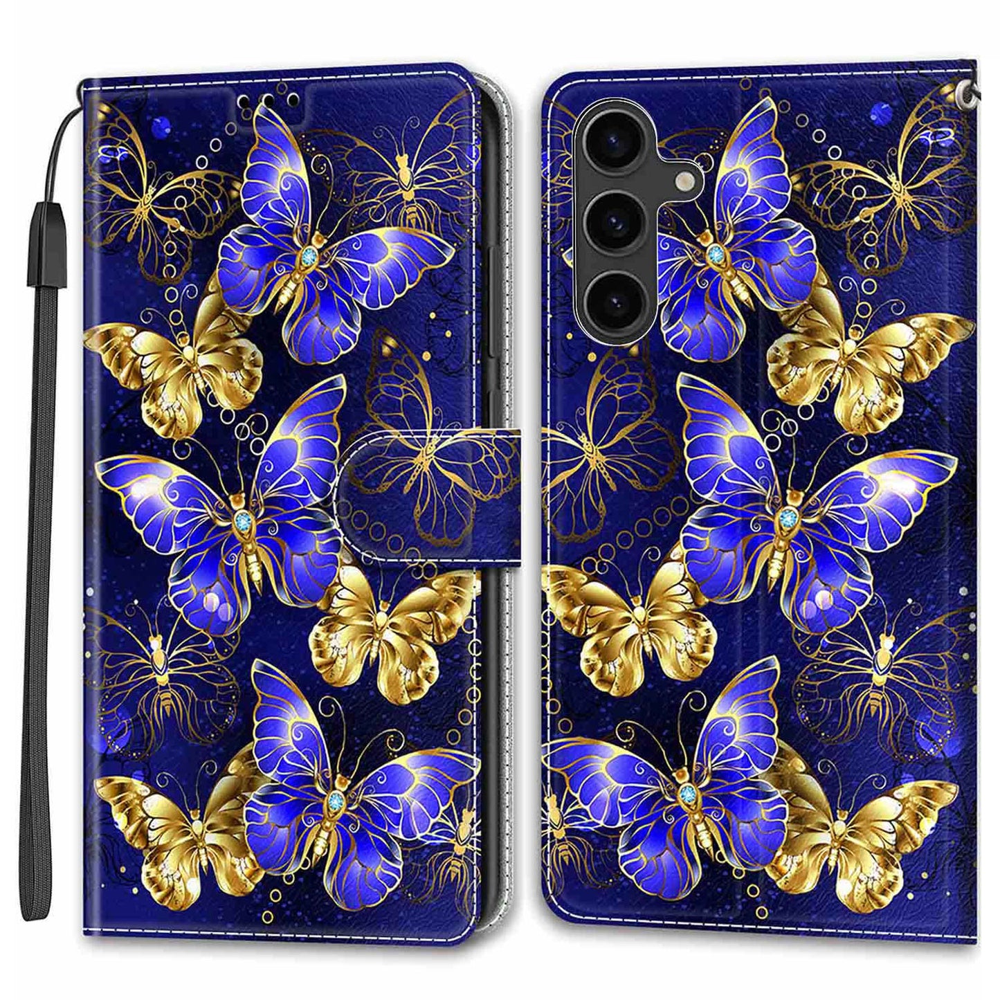 For Samsung Galaxy S24 Leather Case Card Holder Stand Cover - Golden Butterflies