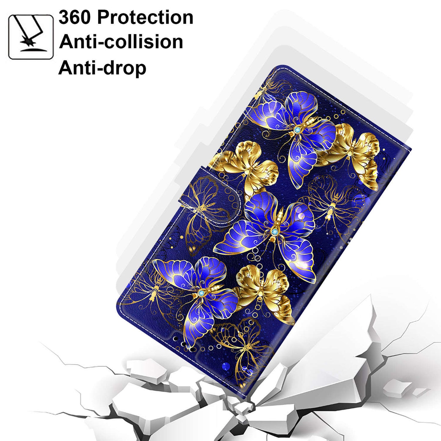 For Samsung Galaxy S24 Leather Case Card Holder Stand Cover - Golden Butterflies