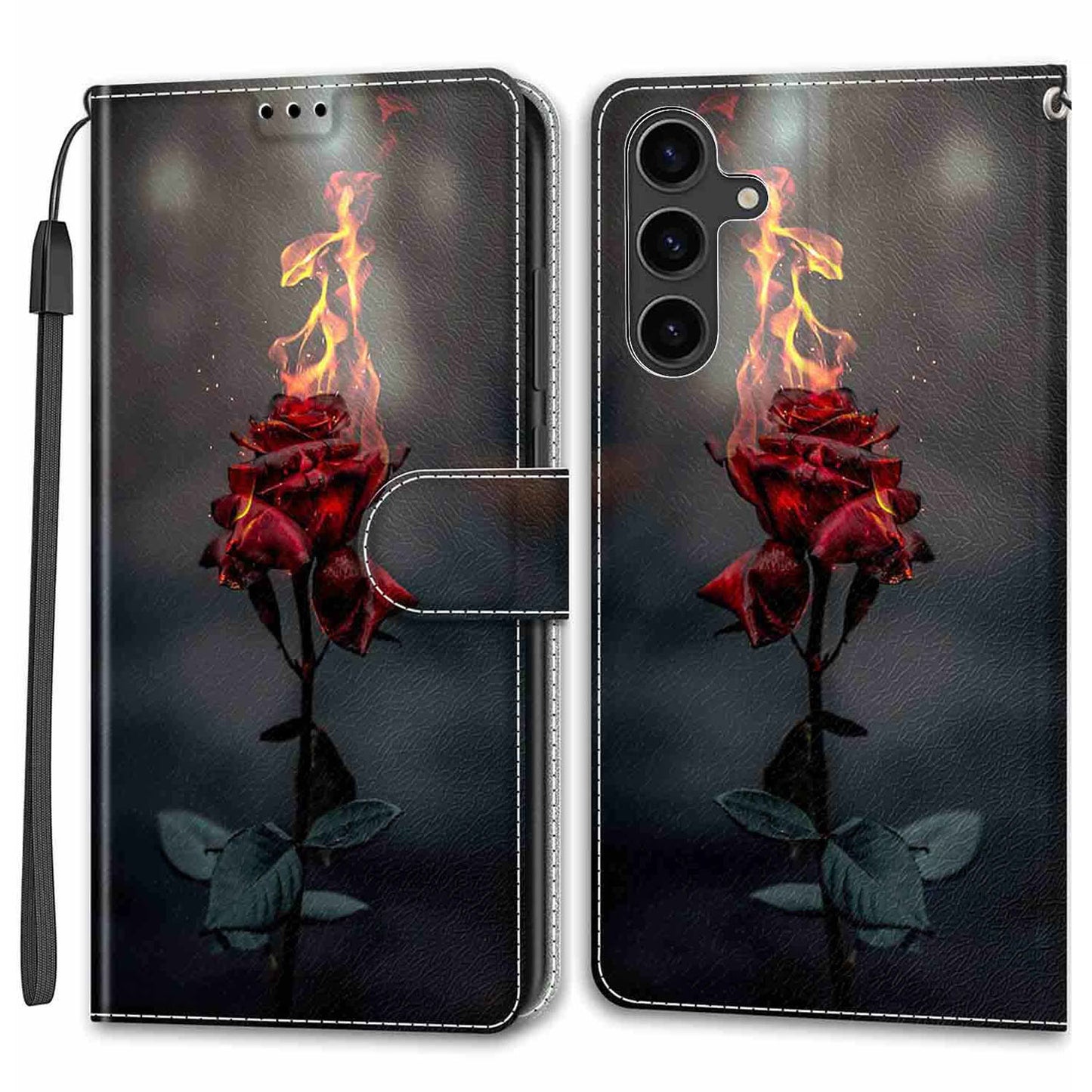 For Samsung Galaxy S24 Leather Case Card Holder Stand Cover - Fire Rose
