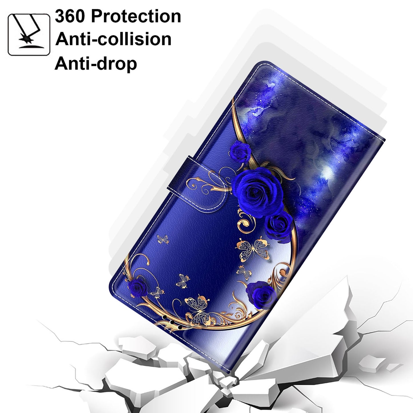 For Samsung Galaxy S24 Leather Case Card Holder Stand Cover - Blue Rose / Golden Butterfly