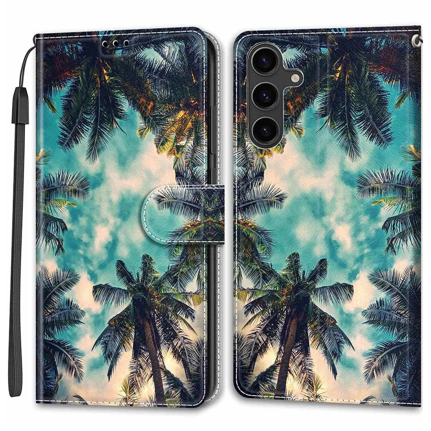 For Samsung Galaxy S24 Leather Case Card Holder Stand Cover - Coconut Tree
