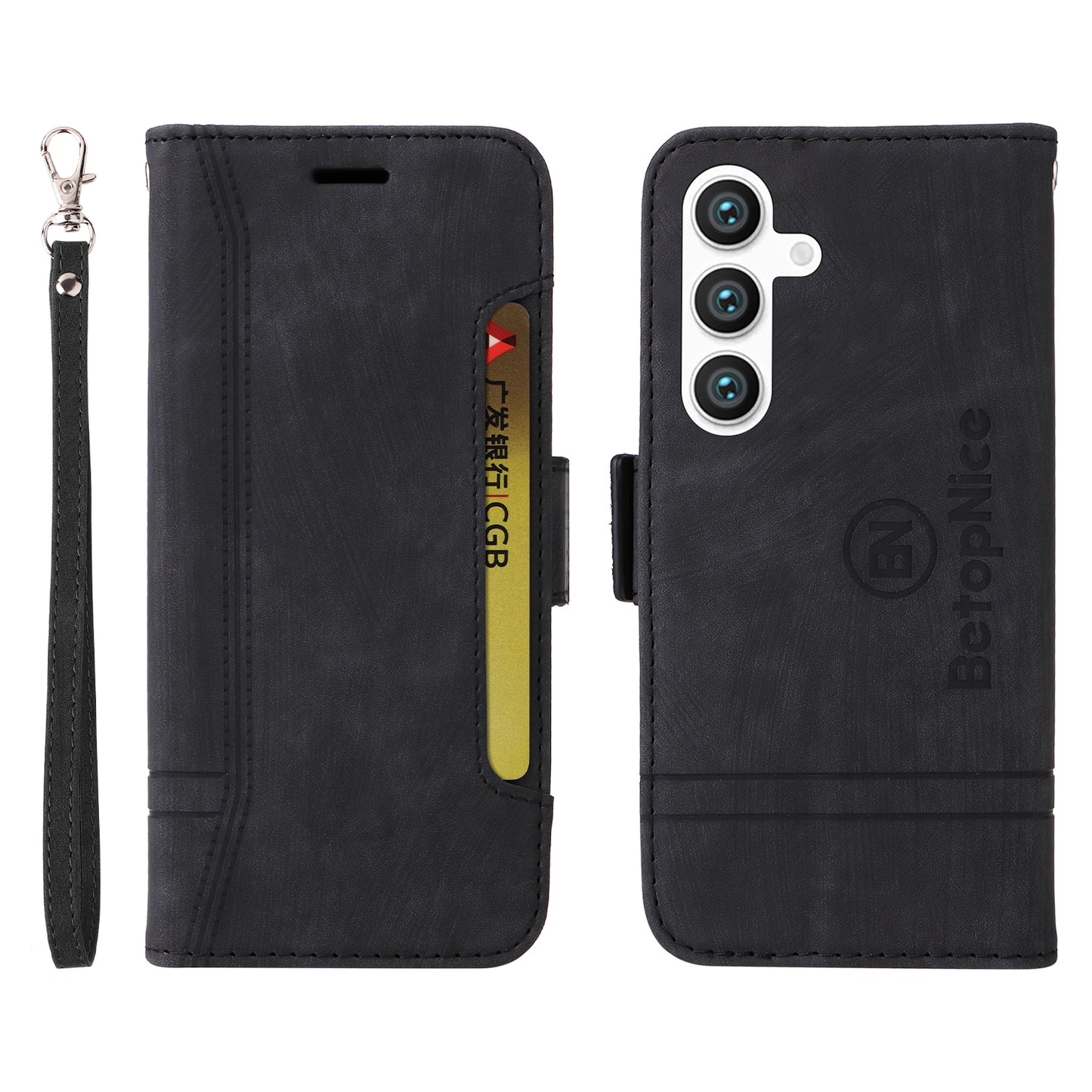 BETOPNICE 001 for Samsung Galaxy S24 Case Leather Wallet Flip Protective Phone Cover - Black