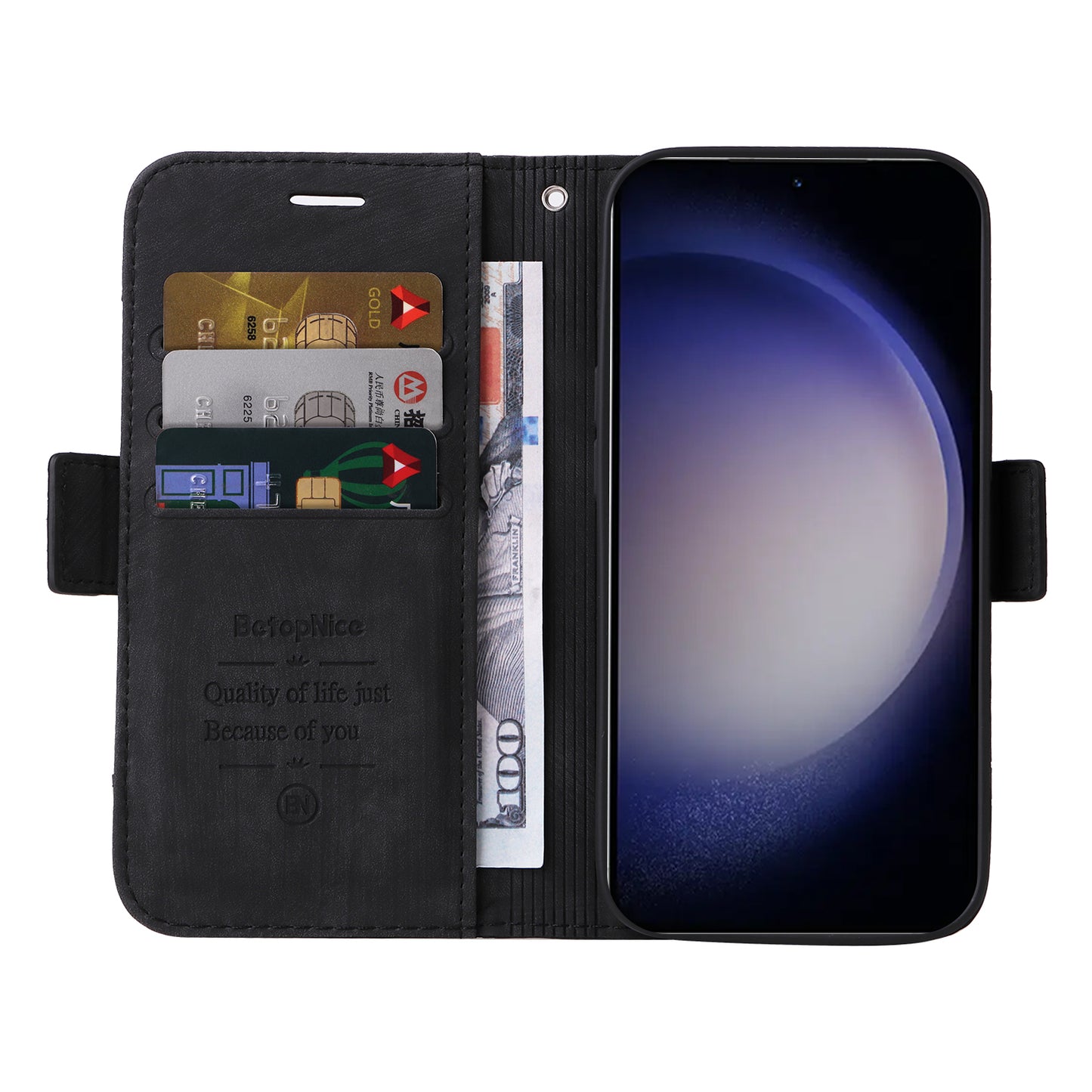 BETOPNICE 001 for Samsung Galaxy S24 Case Leather Wallet Flip Protective Phone Cover - Black