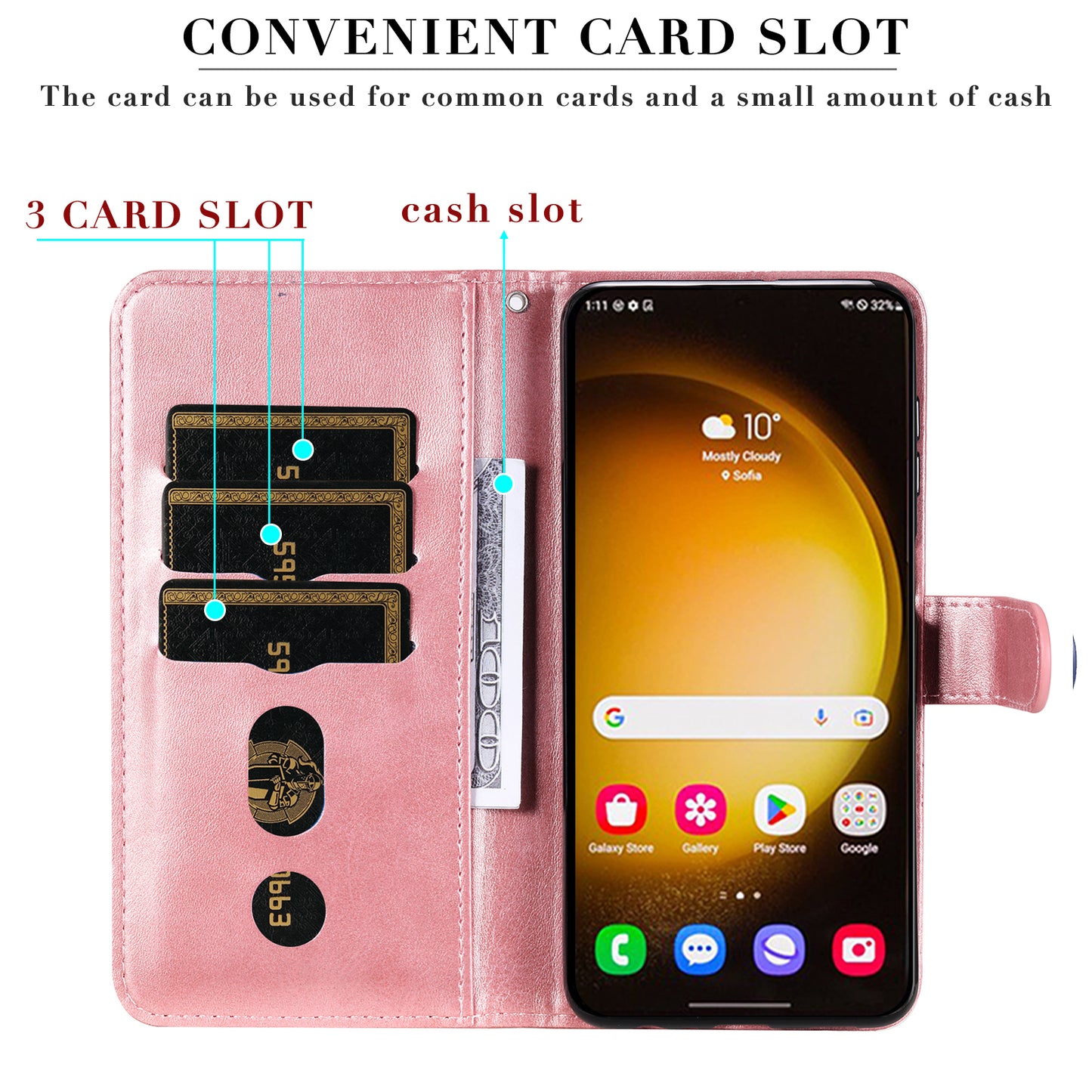 For Samsung Galaxy S24 Ultra Case PU Leather Zipper Wallet Phone Cover - Pink