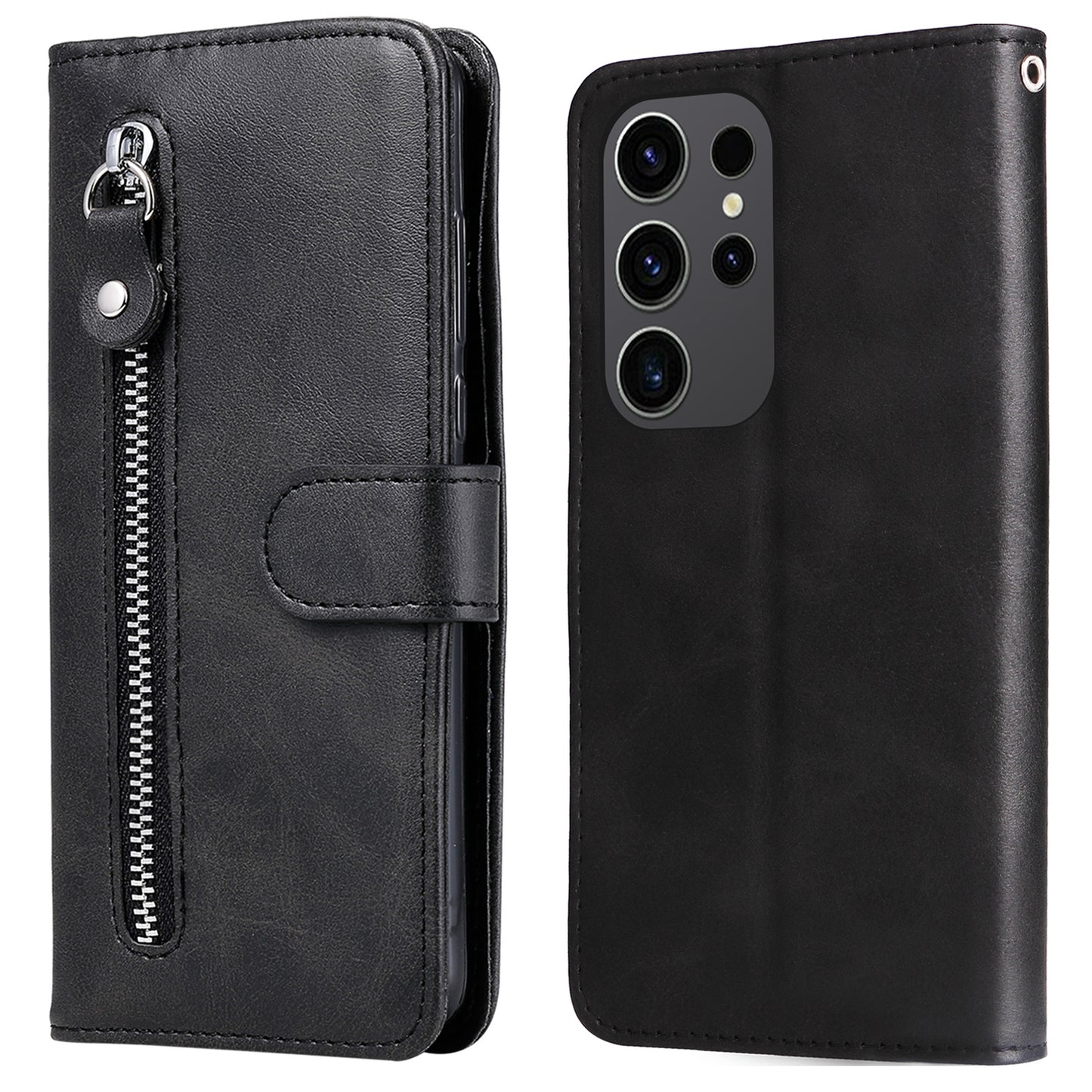 For Samsung Galaxy S24 Ultra Case PU Leather Zipper Wallet Phone Cover - Black