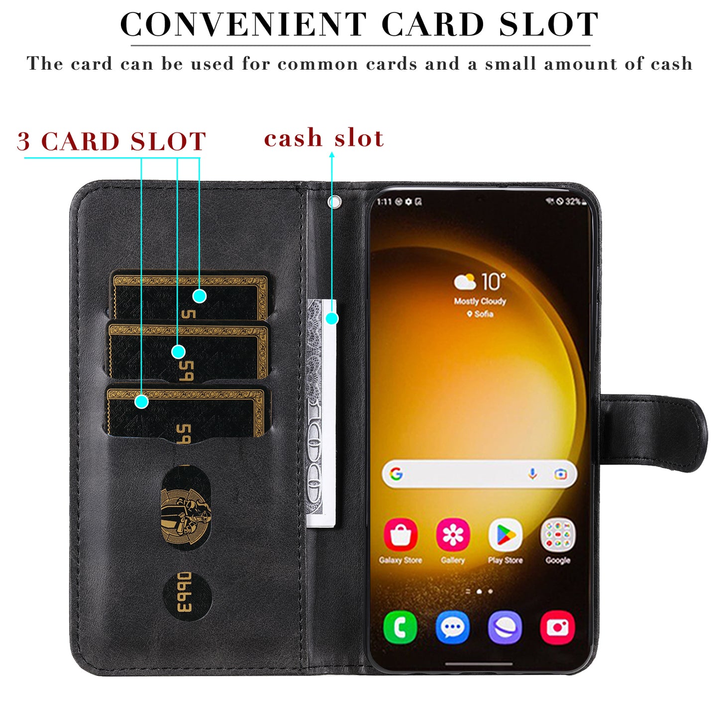 For Samsung Galaxy S24 Ultra Case PU Leather Zipper Wallet Phone Cover - Black