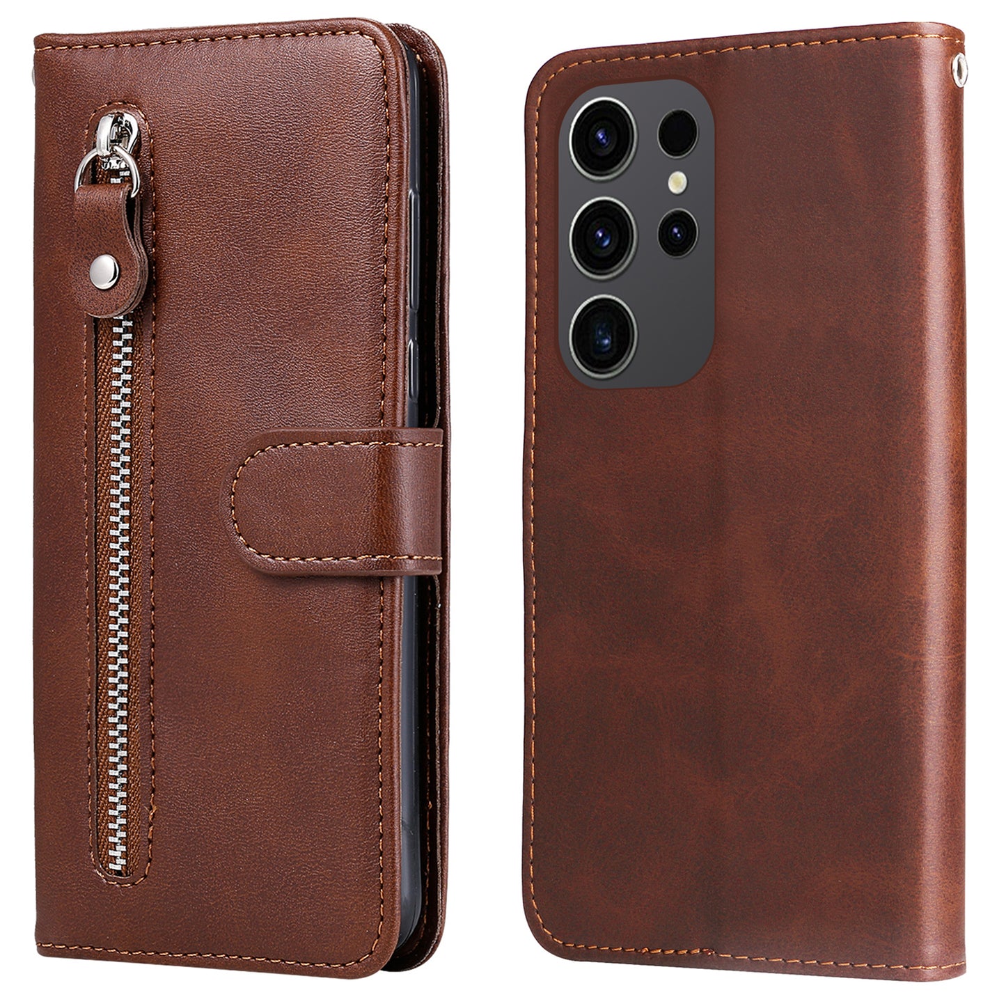 For Samsung Galaxy S24 Ultra Case PU Leather Zipper Wallet Phone Cover - Brown