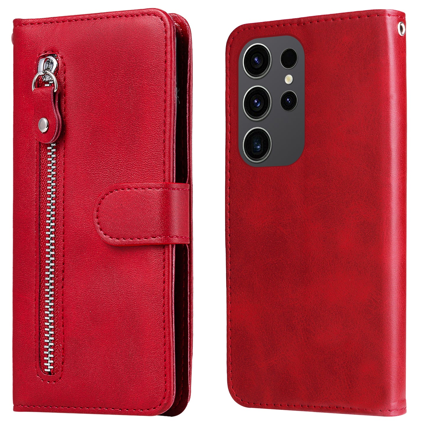 For Samsung Galaxy S24 Ultra Case PU Leather Zipper Wallet Phone Cover - Red