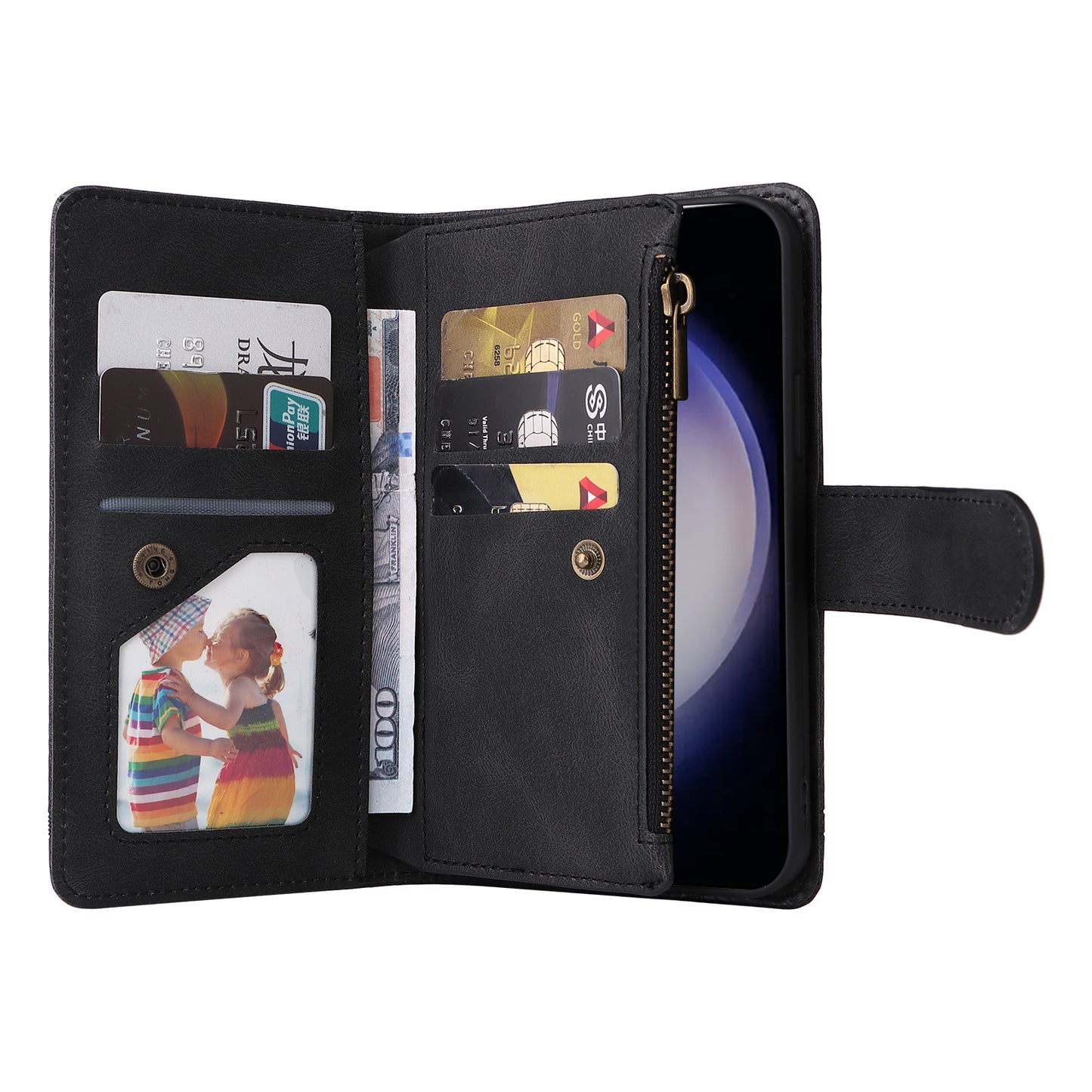 For Samsung Galaxy S24 Case PU Leather Zipper Card Slots Phone Cover - Black