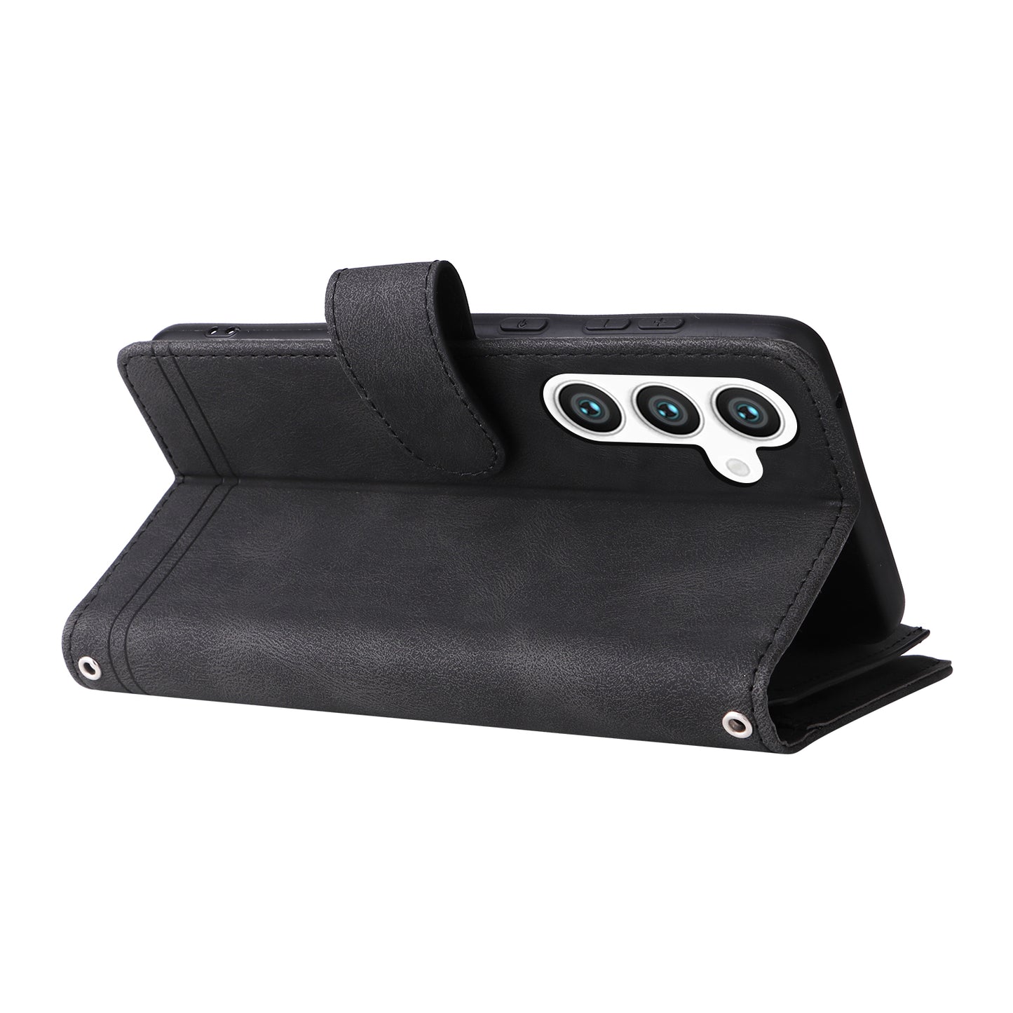 For Samsung Galaxy S24 Case PU Leather Zipper Card Slots Phone Cover - Black