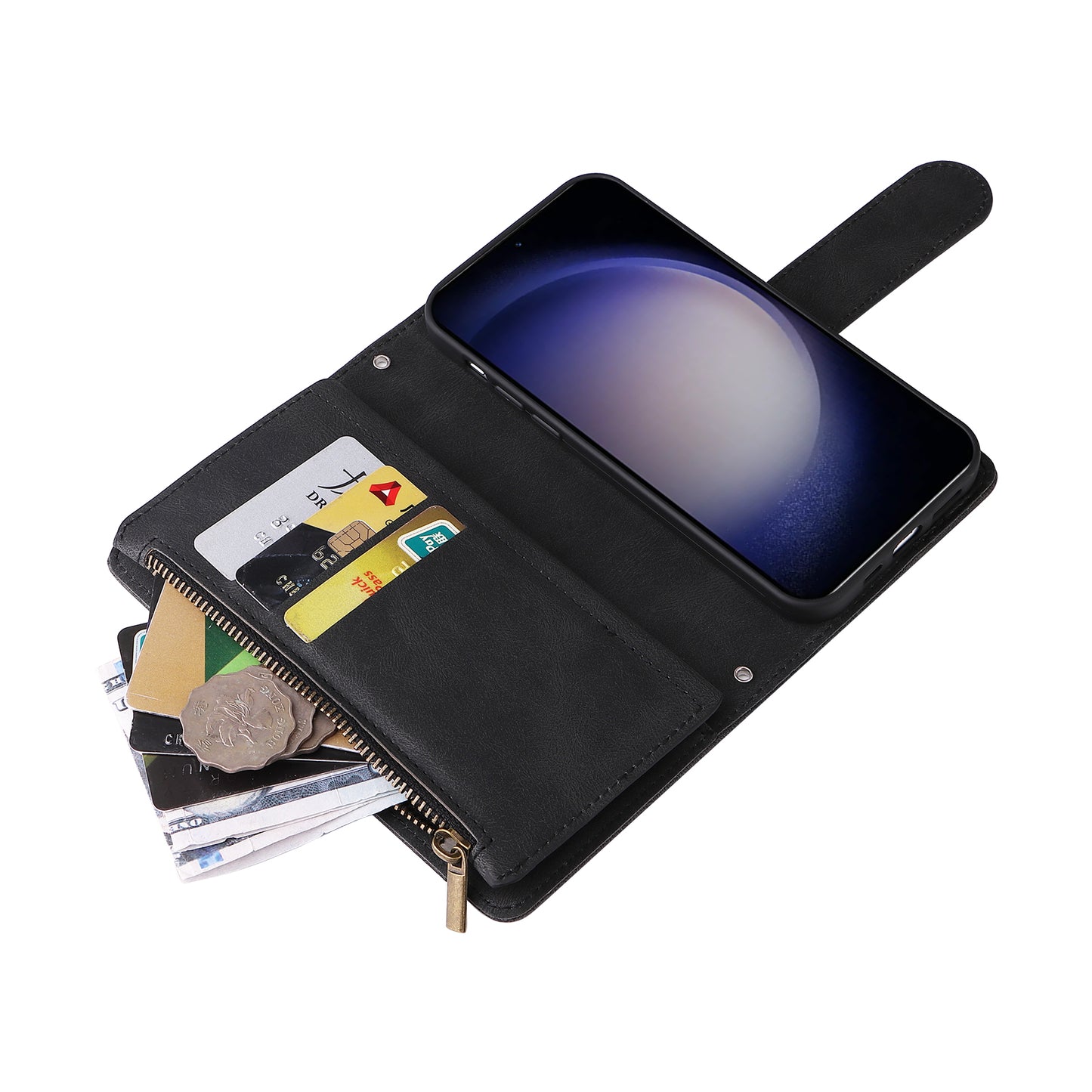 For Samsung Galaxy S24 Case PU Leather Zipper Card Slots Phone Cover - Black