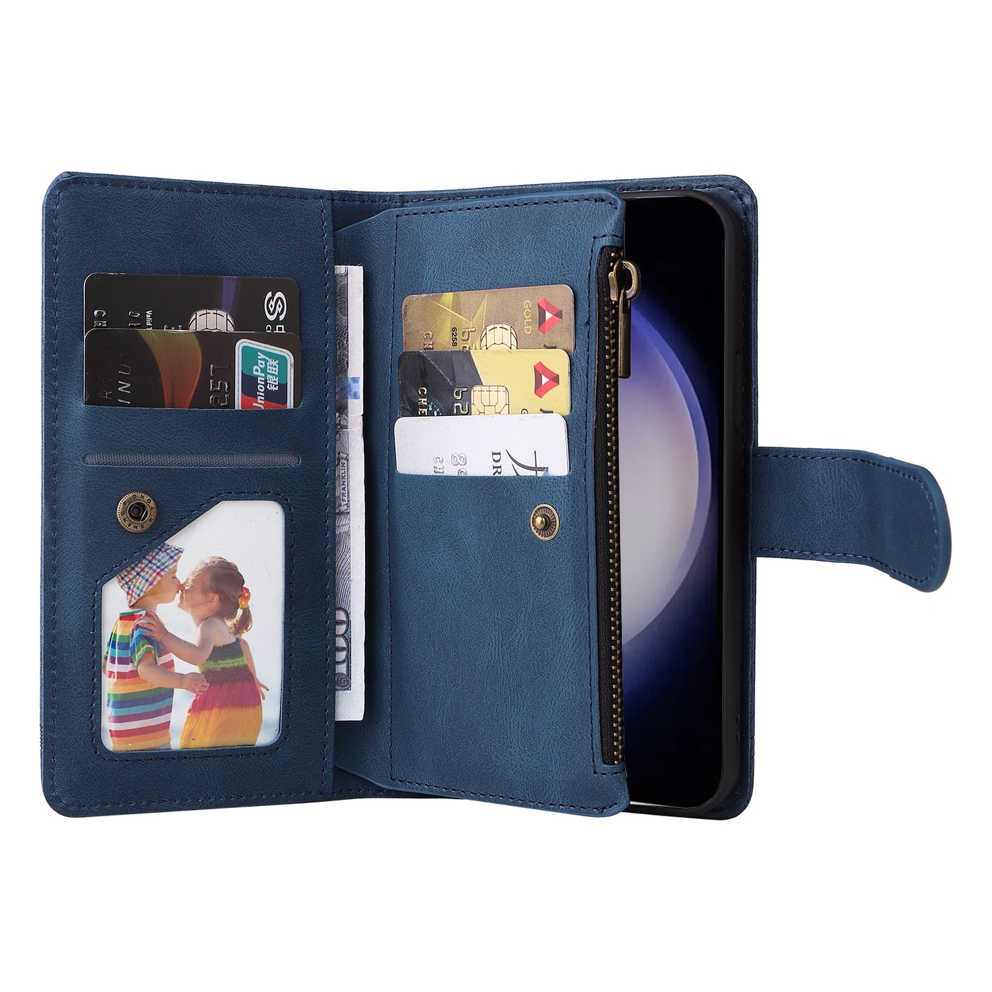 For Samsung Galaxy S24 Case PU Leather Zipper Card Slots Phone Cover - Blue