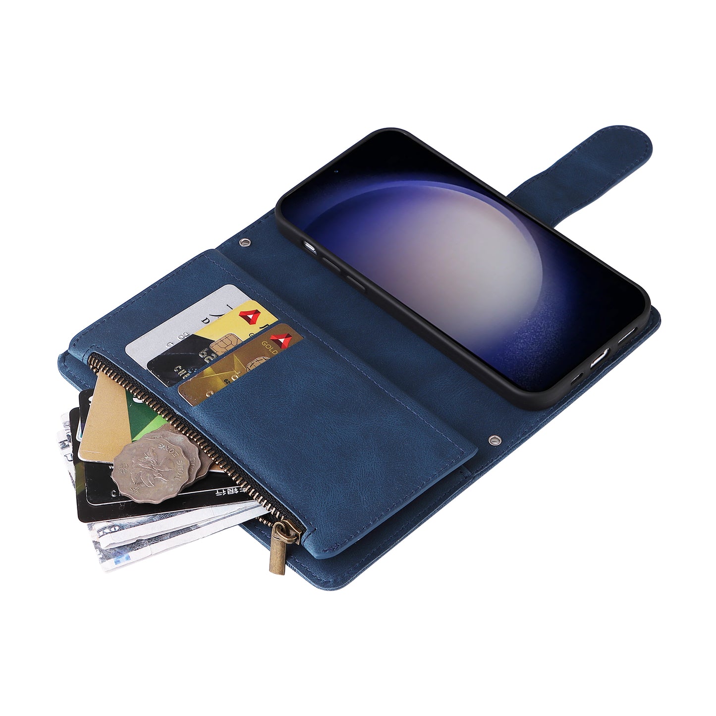 For Samsung Galaxy S24 Case PU Leather Zipper Card Slots Phone Cover - Blue