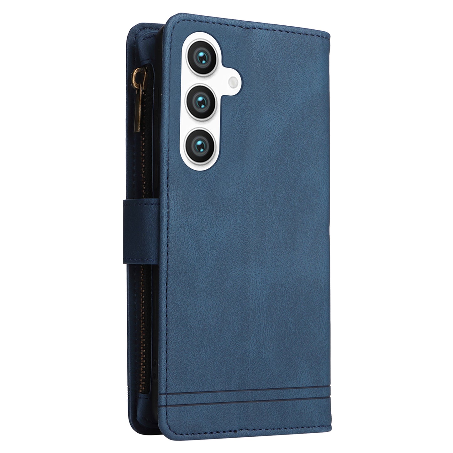 For Samsung Galaxy S24 Case PU Leather Zipper Card Slots Phone Cover - Blue