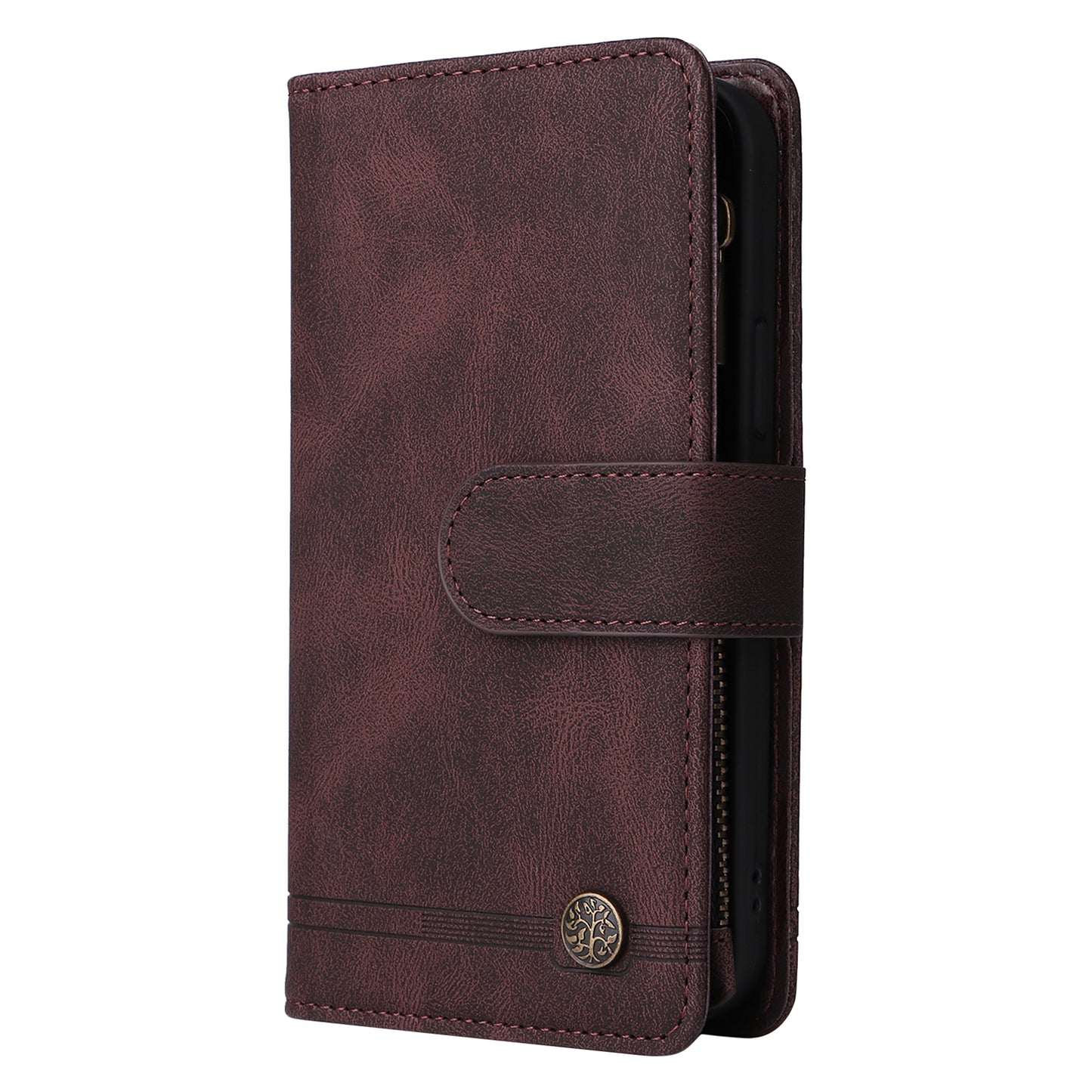 For Samsung Galaxy S24 Case PU Leather Zipper Card Slots Phone Cover - Brown