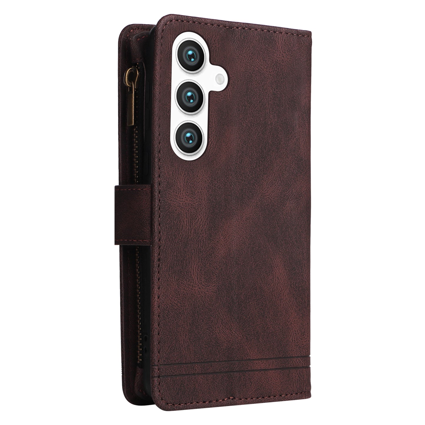 For Samsung Galaxy S24 Case PU Leather Zipper Card Slots Phone Cover - Brown